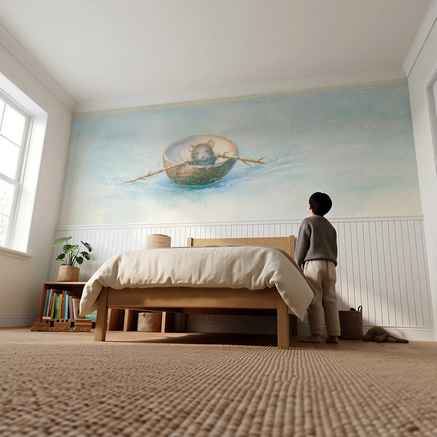 Child reading near The Coconut Rower Wainscoting Wallpaper by Whimsy Tots