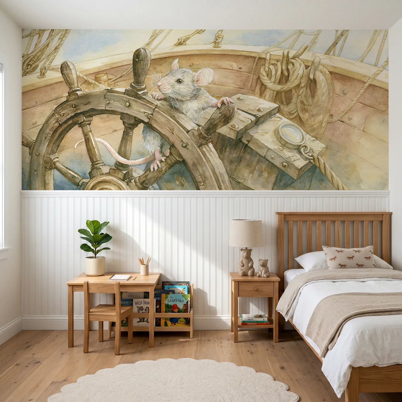 Storybook wainscoting wallpaper of the mouse at the wheel by Whimsy Tots