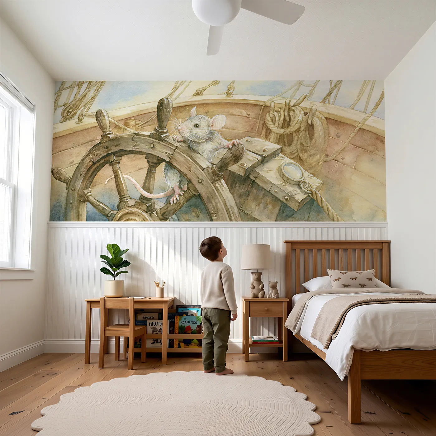 Child reading near The Mouse At The Wheel Wainscoting Wallpaper by Whimsy Tots
