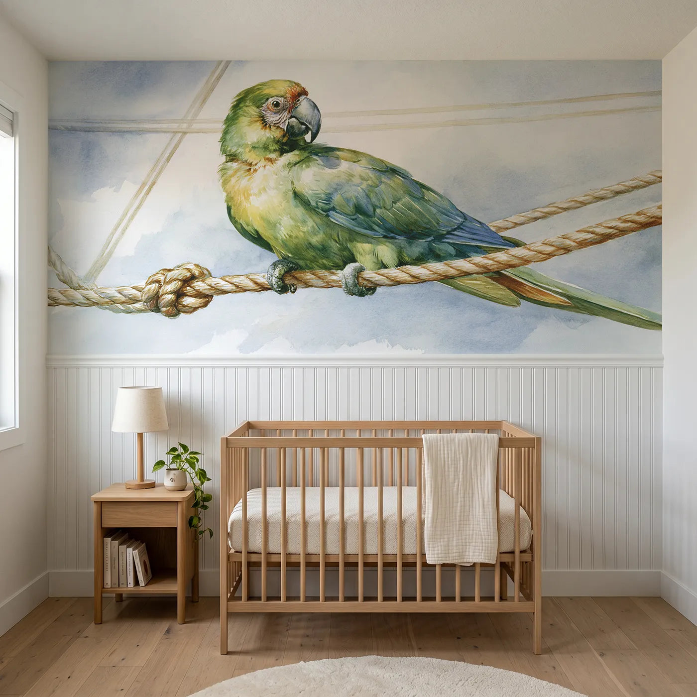 Watercolor wainscoting wallpaper of the parrot lookout by Whimsy Tots