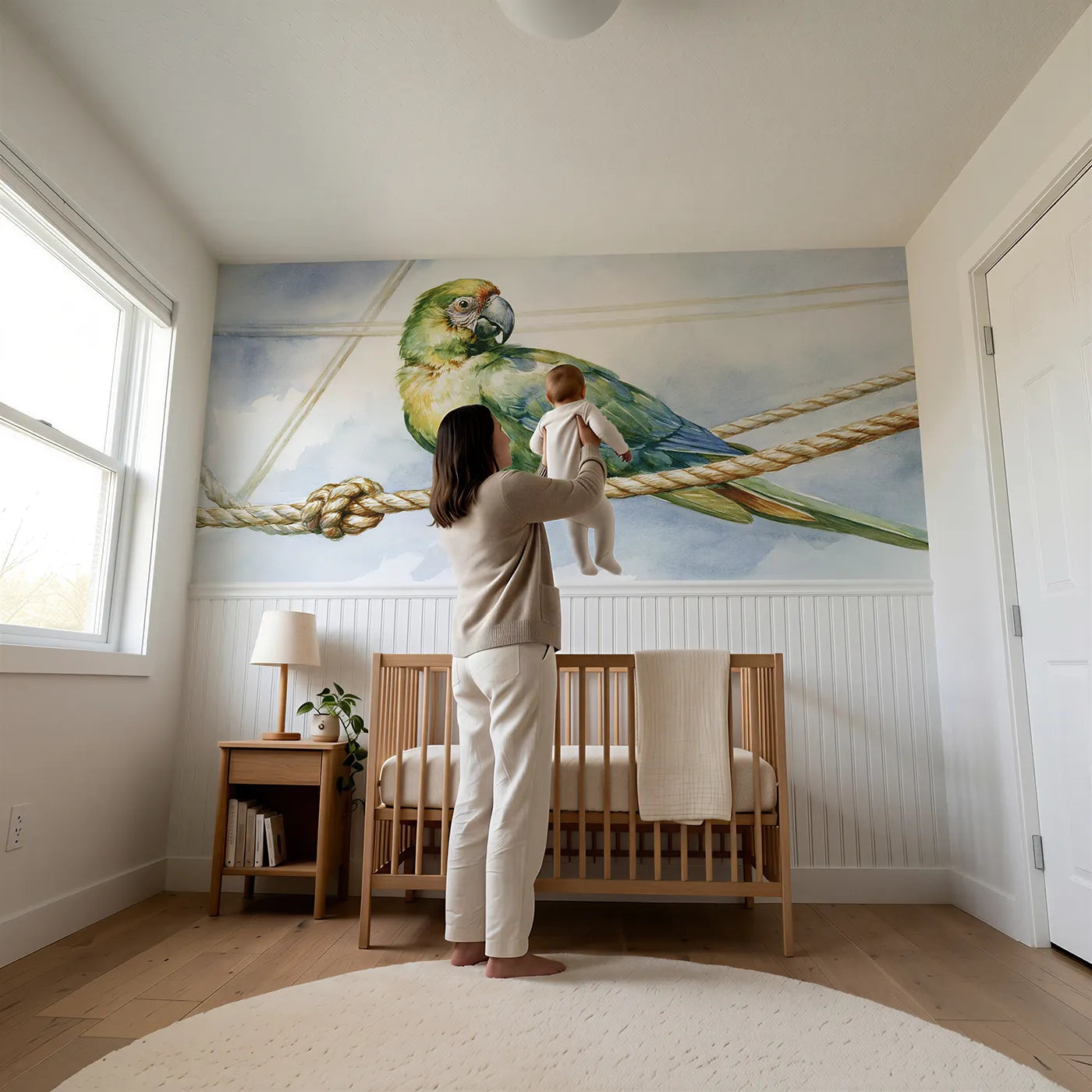 Child reading near The Parrot Lookout Wainscoting Wallpaper by Whimsy Tots