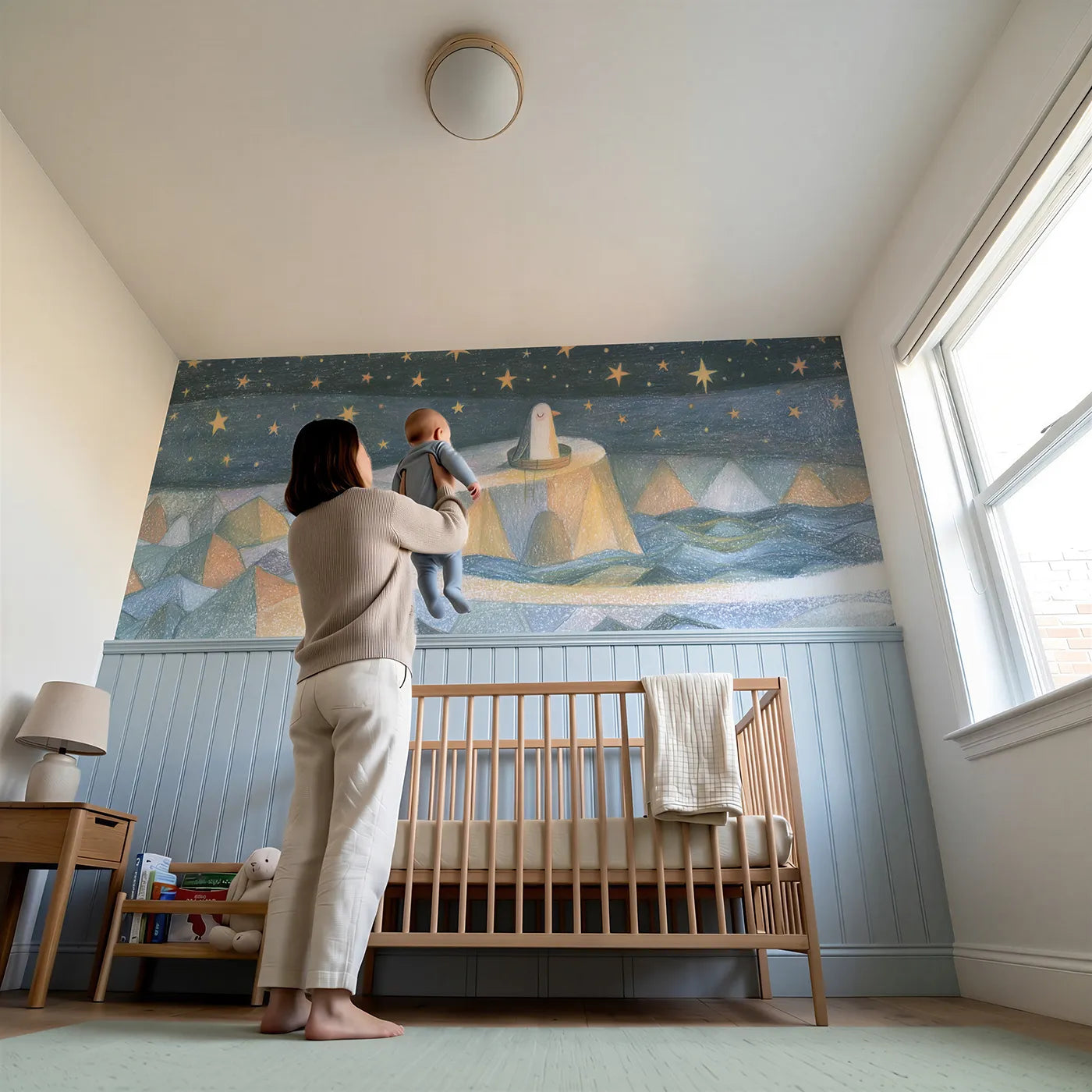 Child reading near Starlit In The Crows Nest Wainscoting Wallpaper by Whimsy Tots