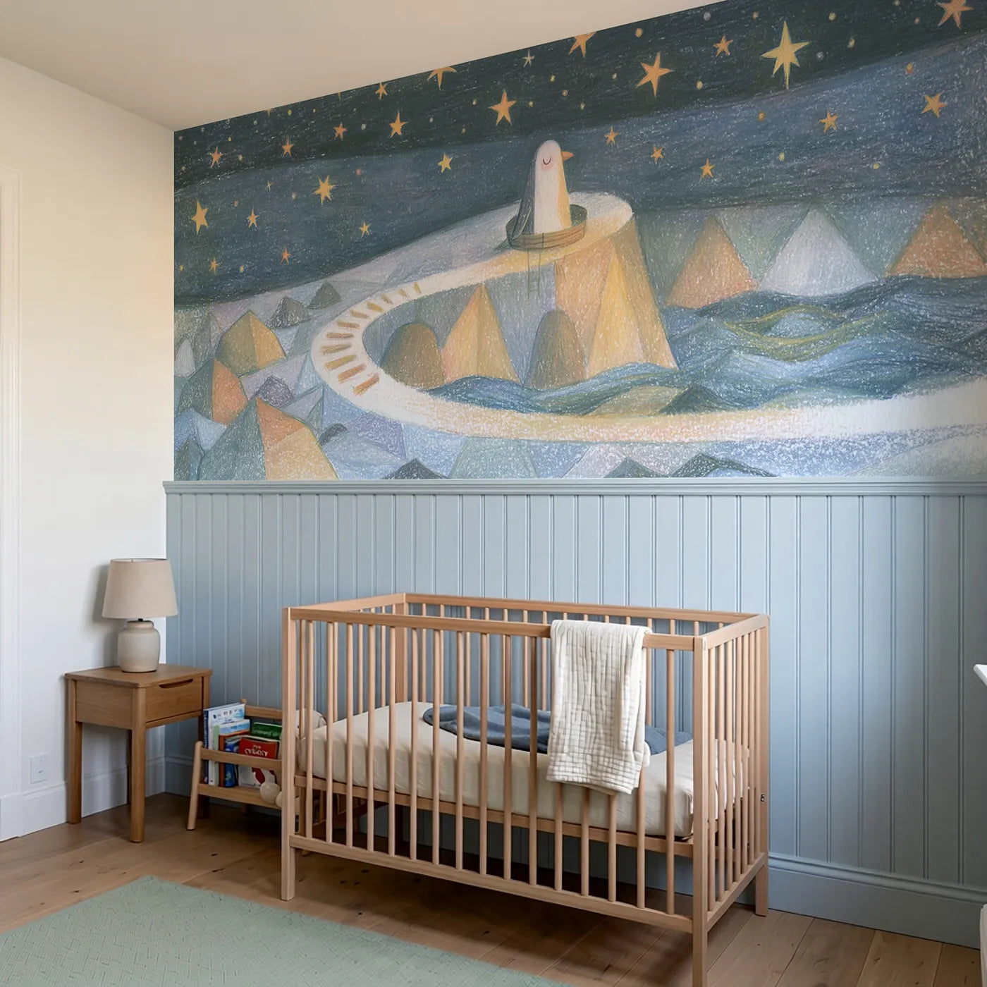 Starlit In The Crows Nest Wainscoting Wallpaper styled in a kids room by Whimsy Tots