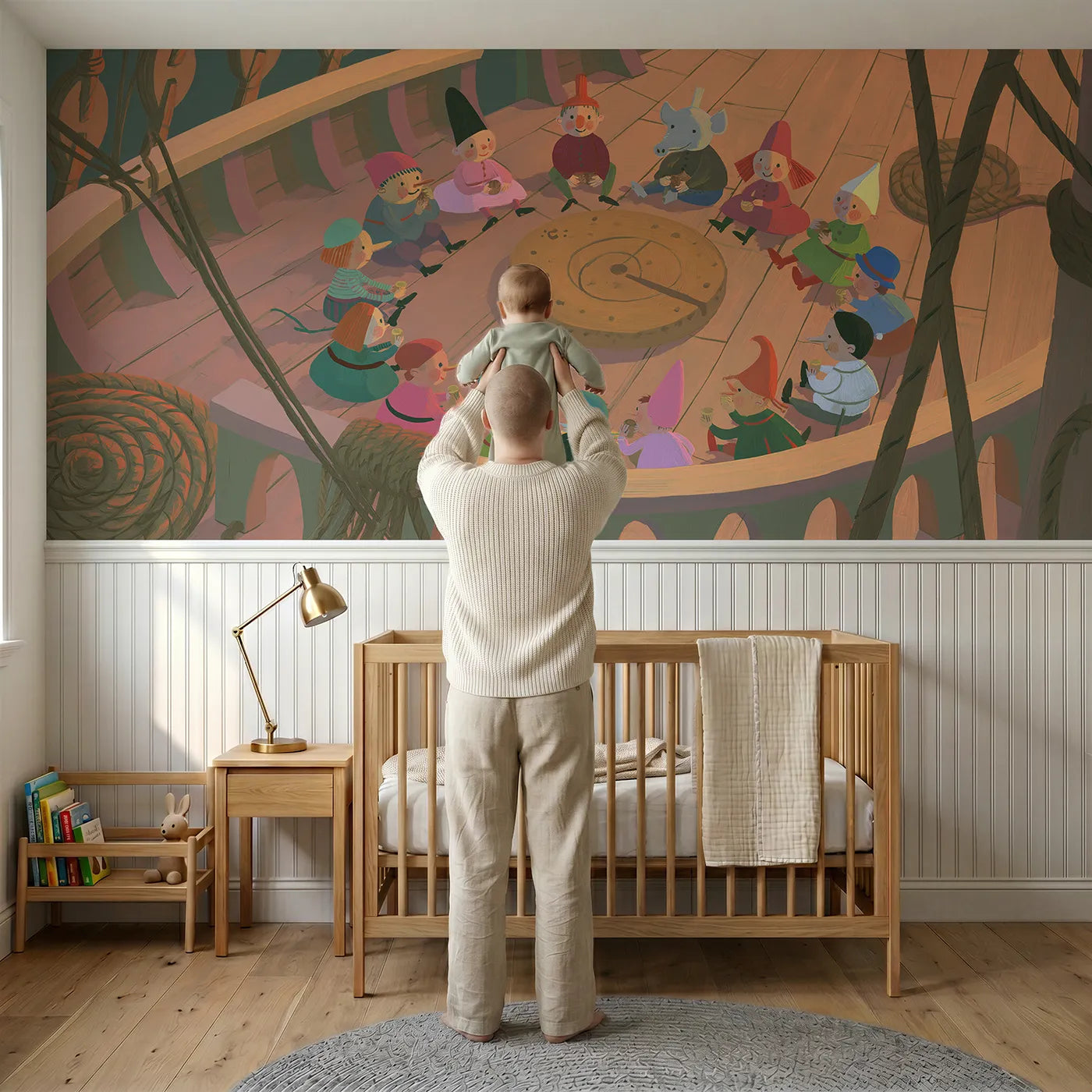 Child reading near Dividing The Biscuit Wainscoting Wallpaper by Whimsy Tots