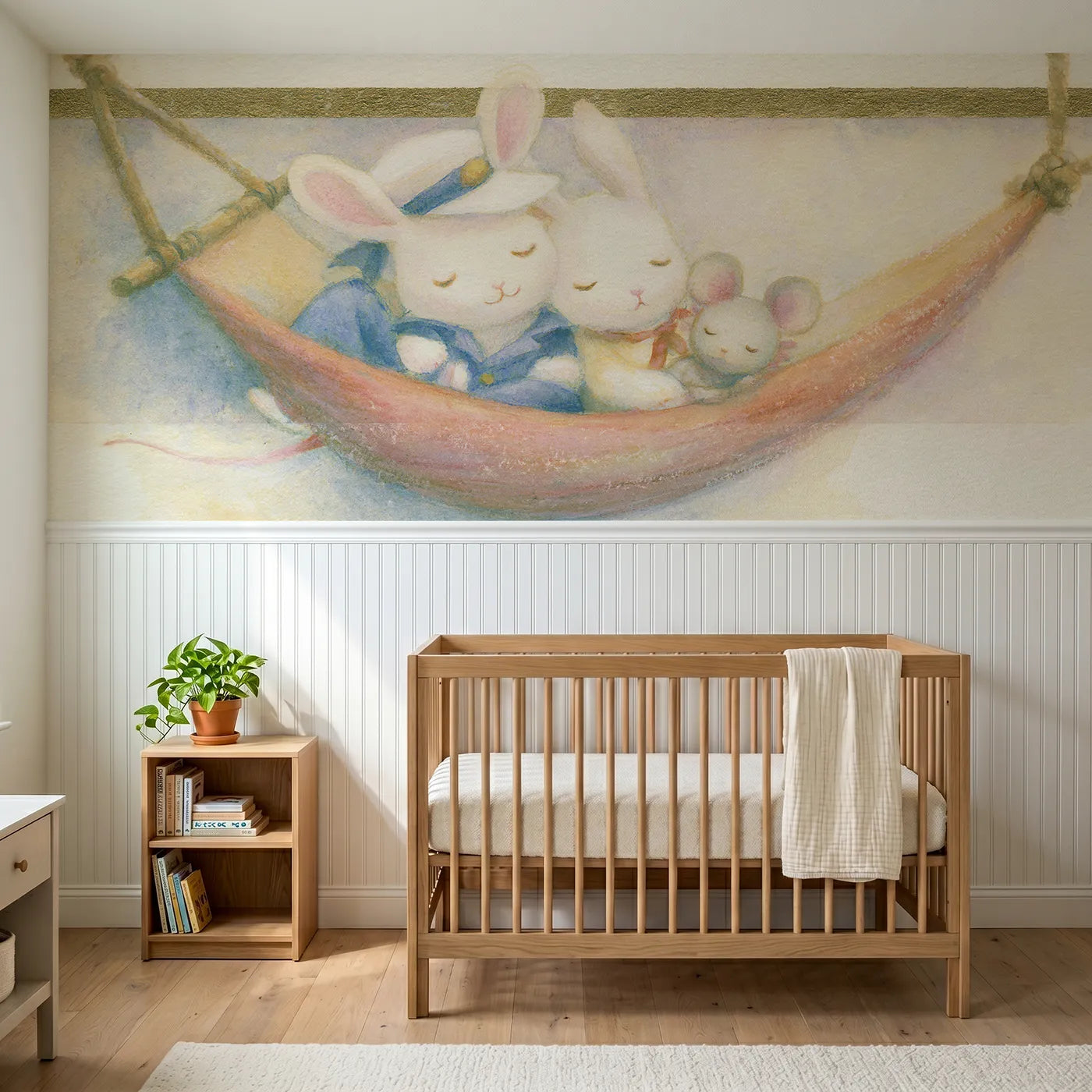 Soft pastel wainscoting wallpaper of the hammock watch by Whimsy Tots