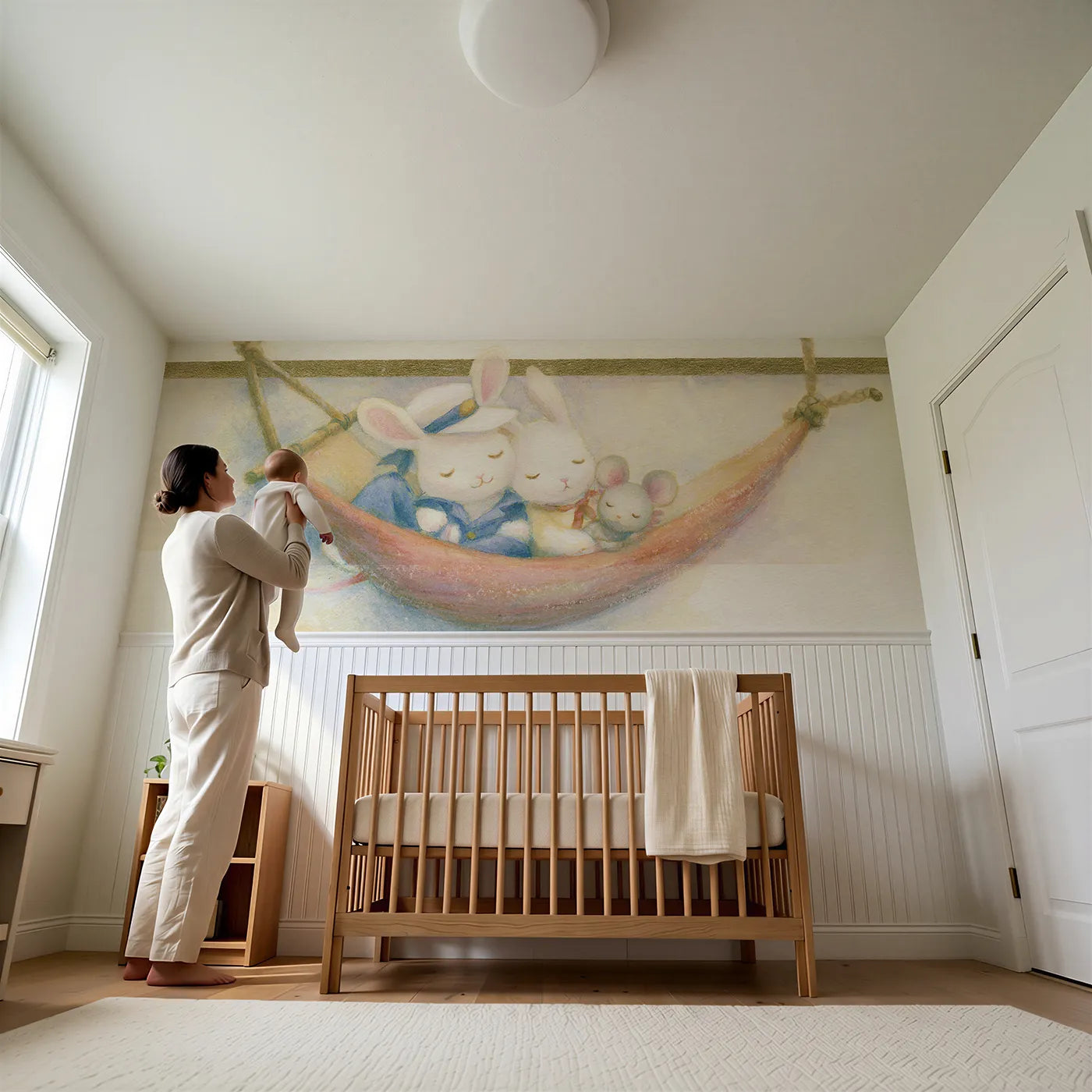 Child reading near The Hammock Watch Wainscoting Wallpaper by Whimsy Tots