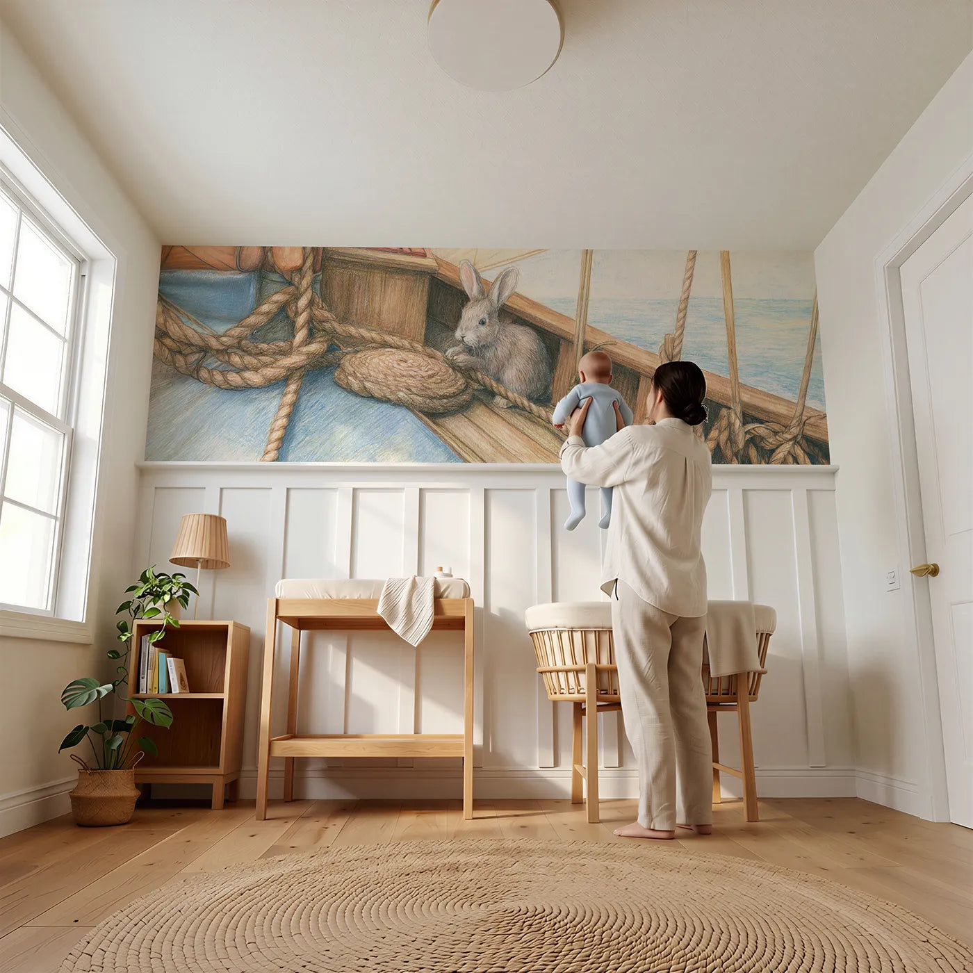 Child reading near The Smallest Deckhand Wainscoting Wallpaper by Whimsy Tots