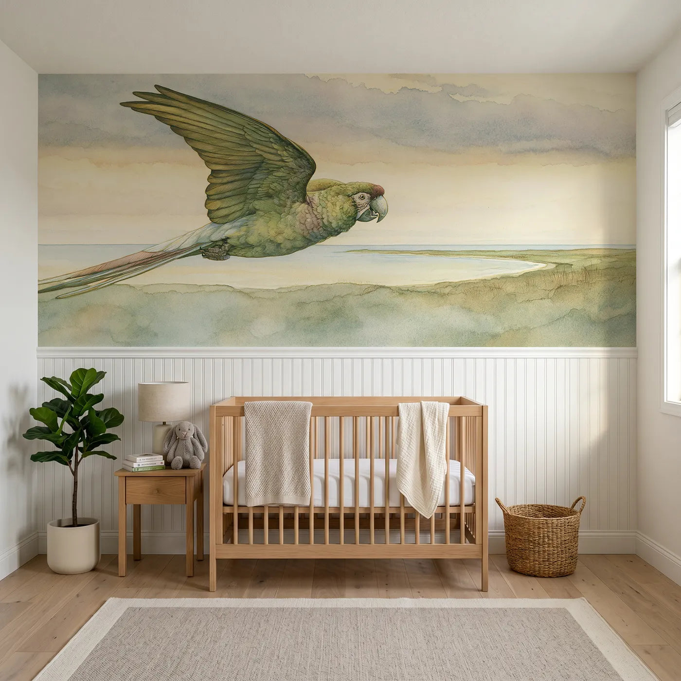 Storybook wainscoting wallpaper of first sight of land by Whimsy Tots
