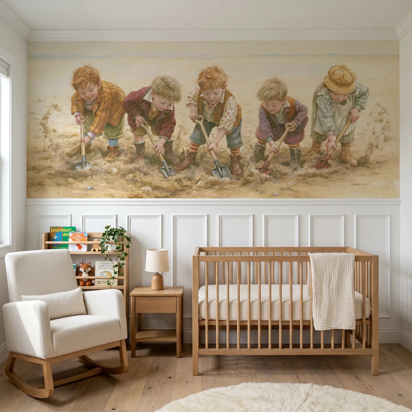 Storybook wainscoting wallpaper of digging on the beach by Whimsy Tots
