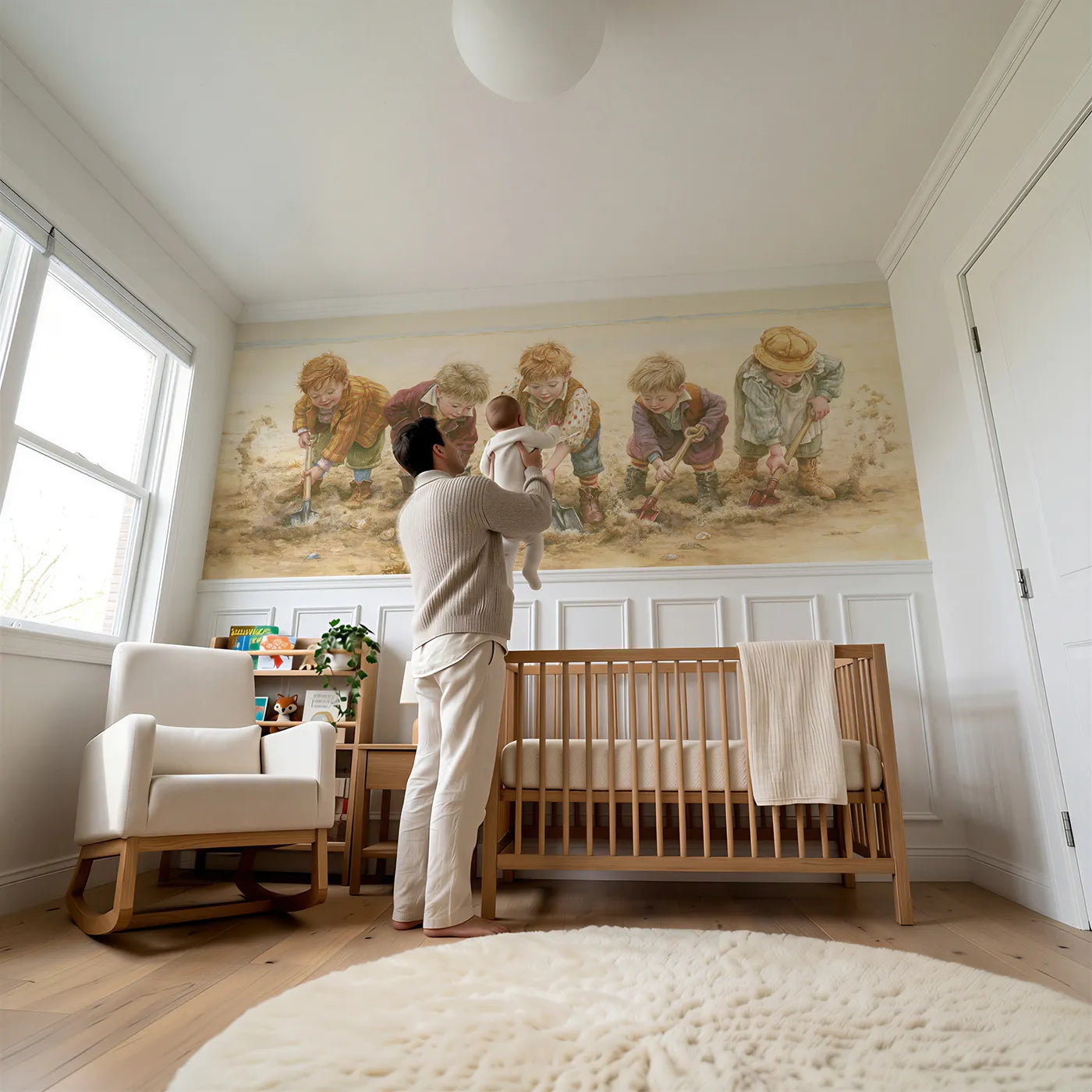 Child reading near Digging On The Beach Wainscoting Wallpaper by Whimsy Tots