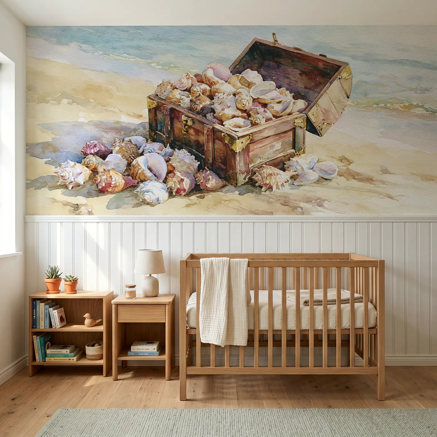 Watercolor wainscoting wallpaper of the chest of seashells by Whimsy Tots