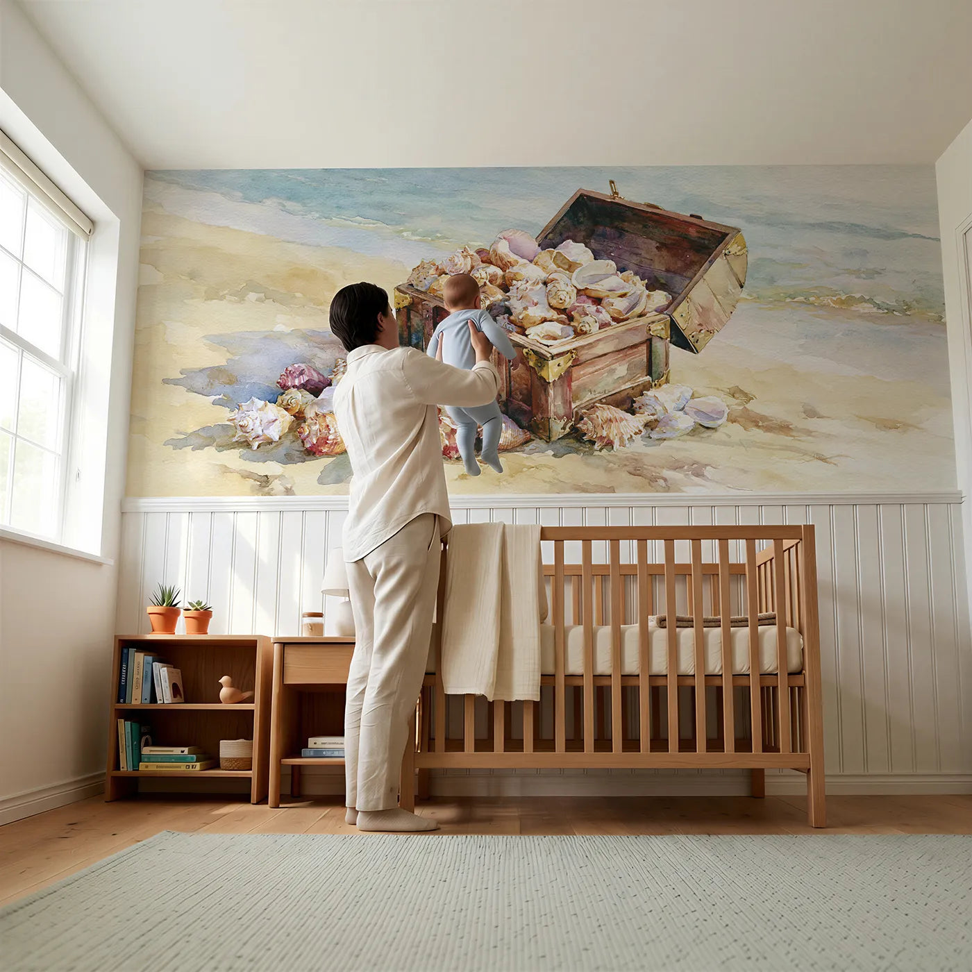 Child reading near The Chest Of Seashells Wainscoting Wallpaper by Whimsy Tots