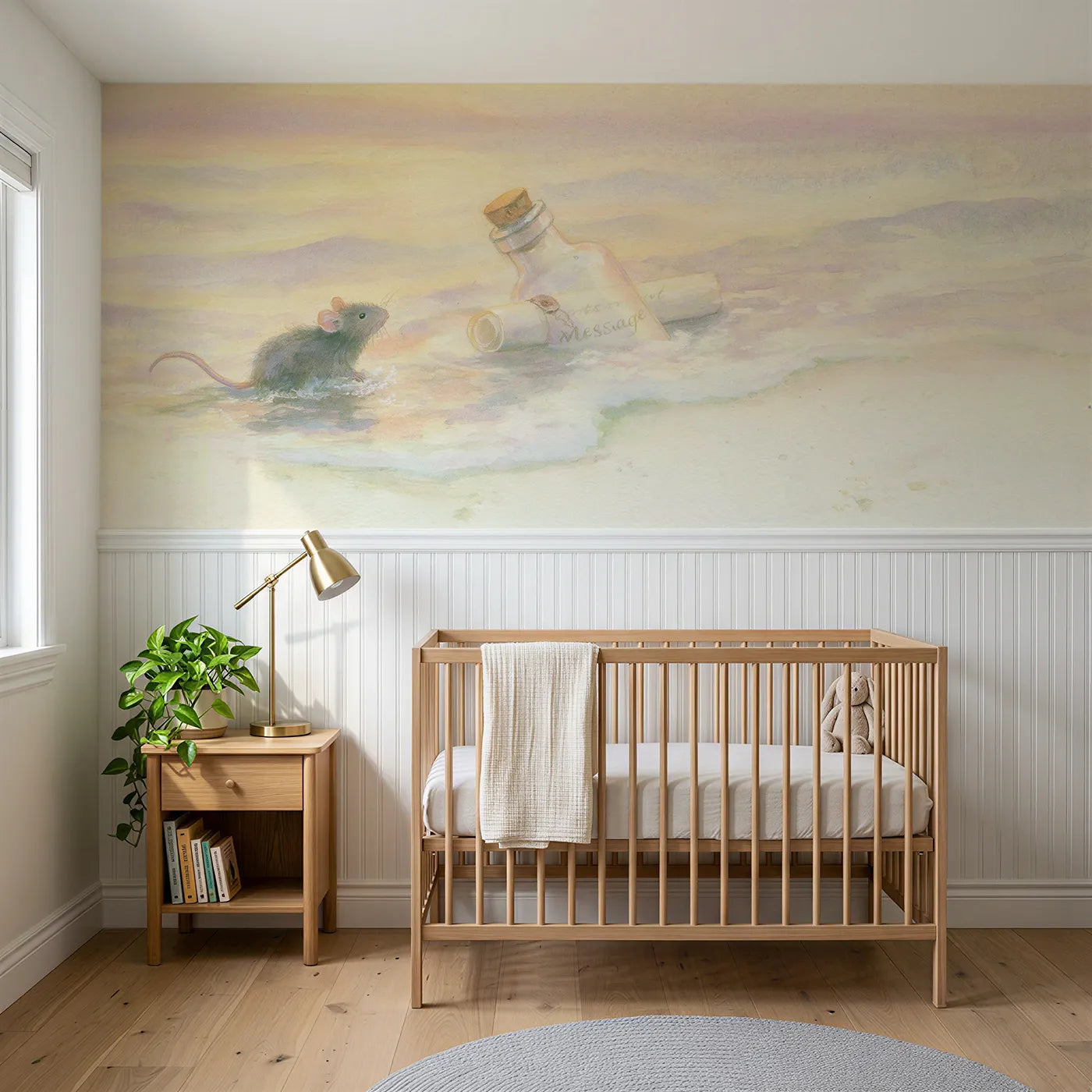Soft pastel wainscoting wallpaper of setting the bottle to sea by Whimsy Tots