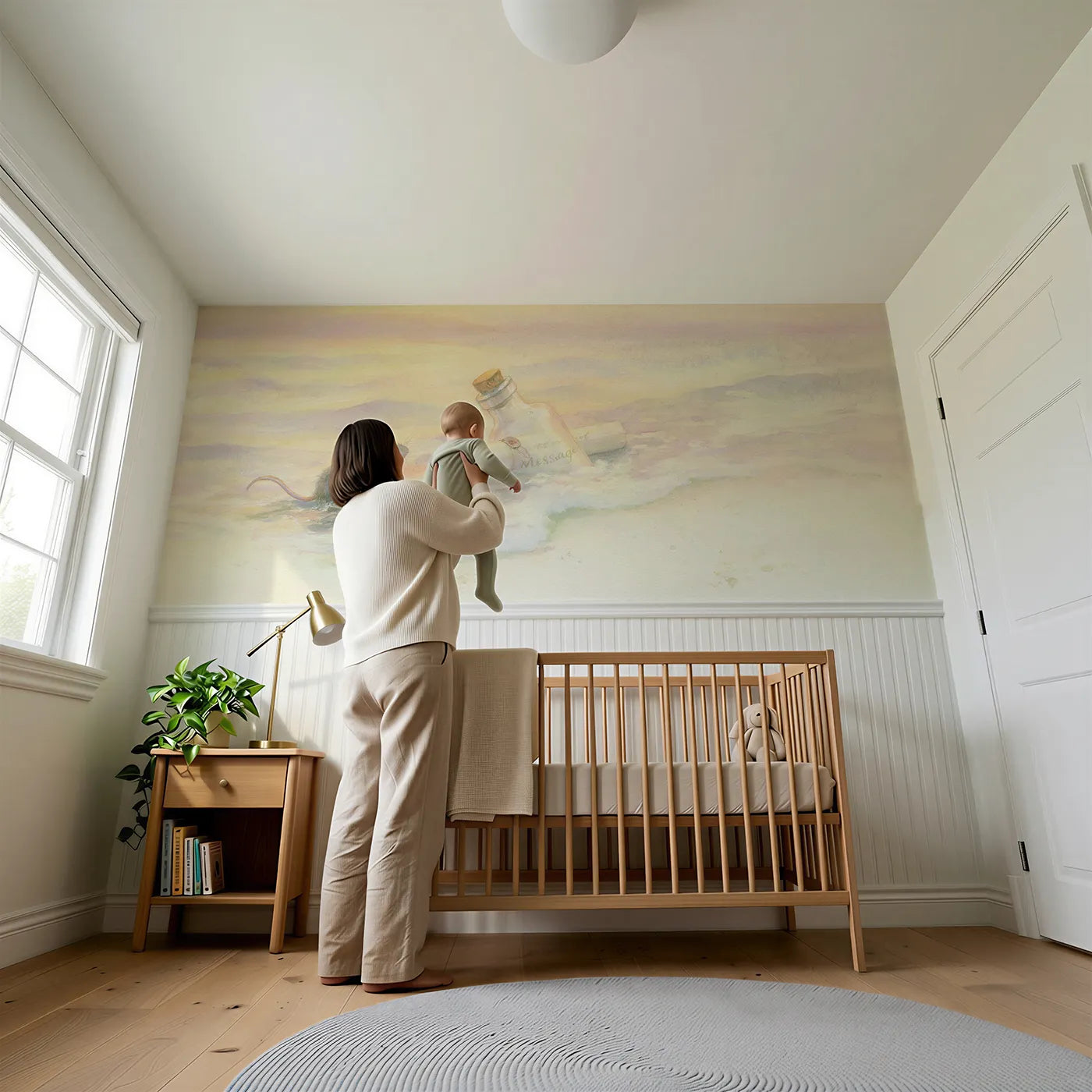 Child reading near Setting The Bottle To Sea Wainscoting Wallpaper by Whimsy Tots