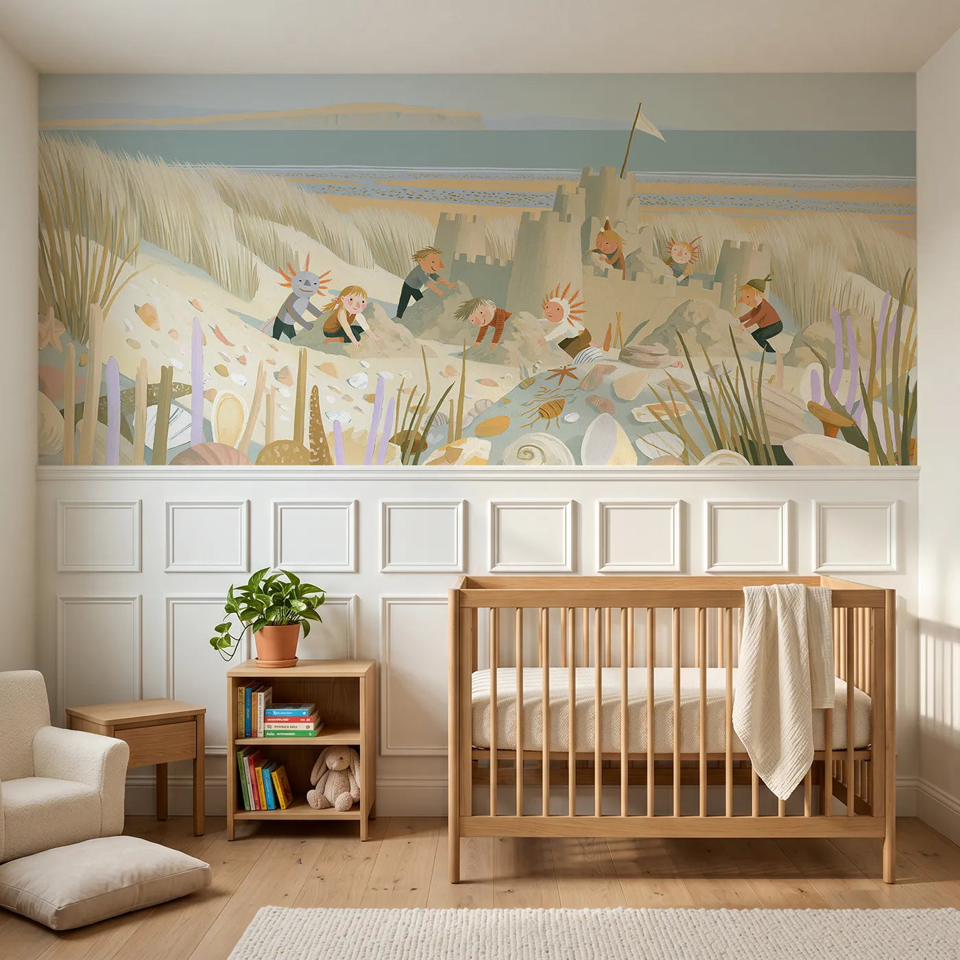 Modern illustration wainscoting wallpaper of the sand fort by Whimsy Tots