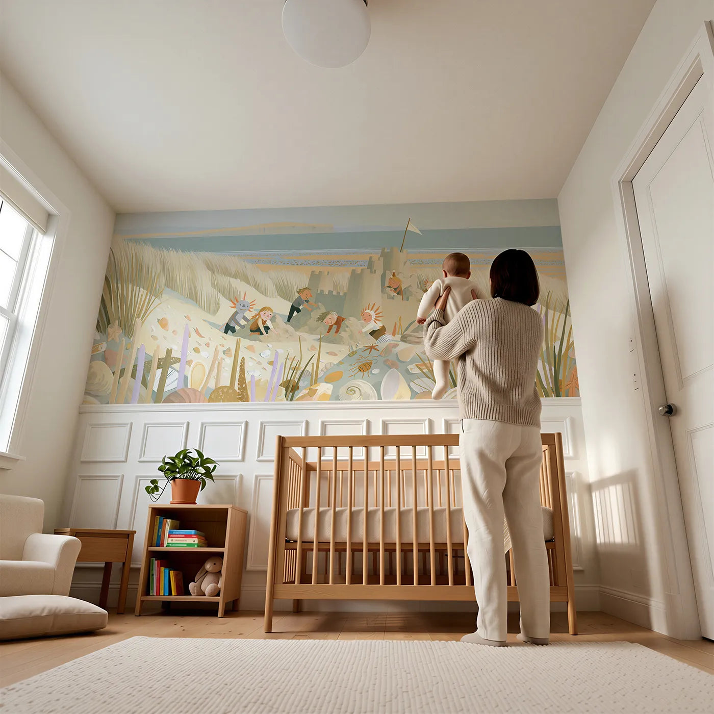 Child reading near The Sand Fort Wainscoting Wallpaper by Whimsy Tots