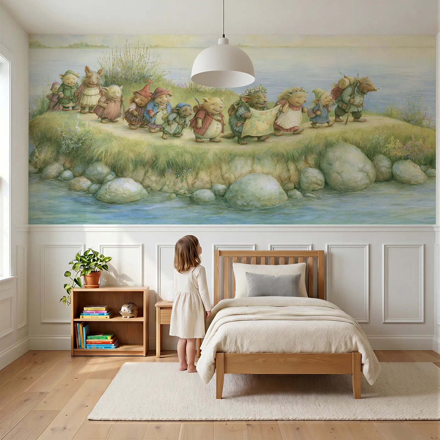 Child reading near Following The Map Wainscoting Wallpaper by Whimsy Tots