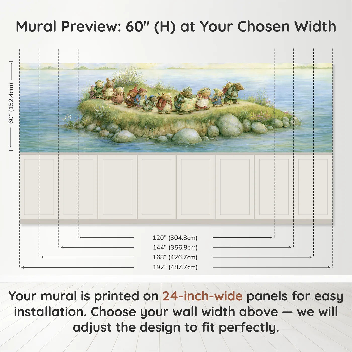 Panel dimensions for Following The Map Wainscoting Wallpaper by Whimsy Tots