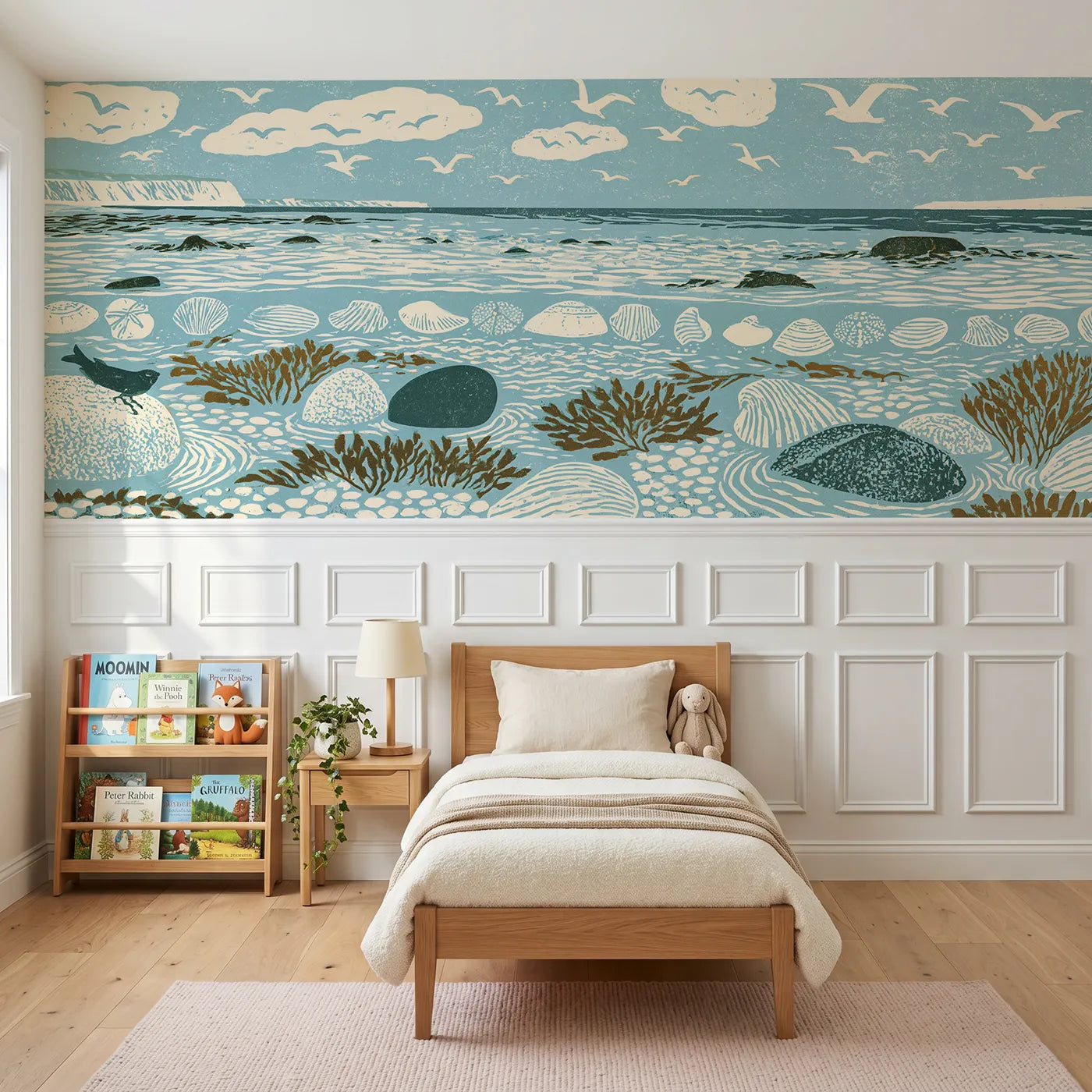 Block print wainscoting wallpaper of carved shells in a row by Whimsy Tots