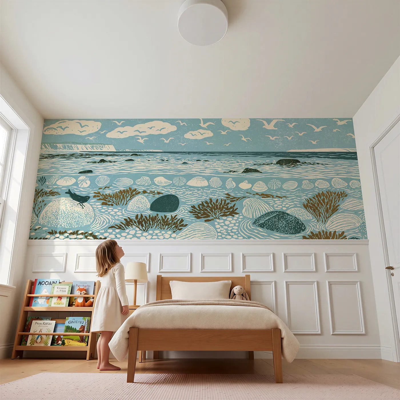 Child reading near Carved Shells In A Row Wainscoting Wallpaper by Whimsy Tots