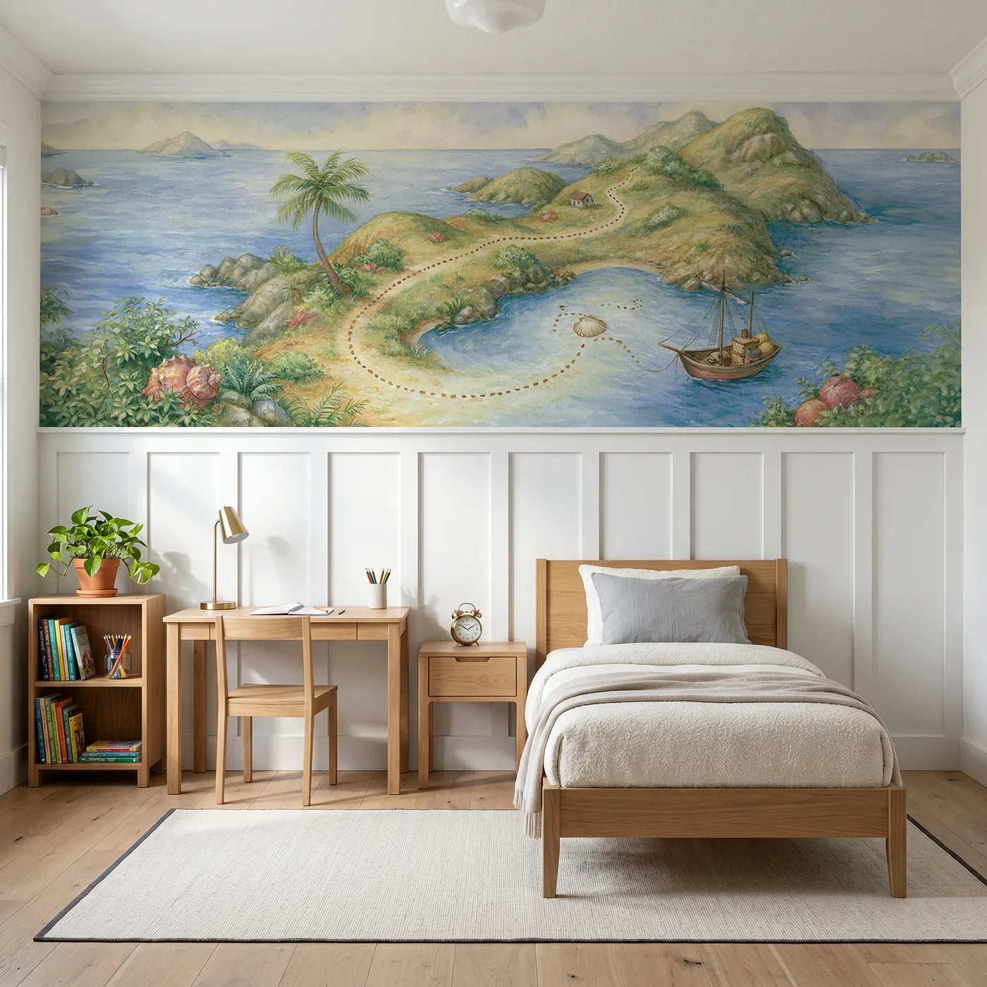 Storybook wainscoting wallpaper of the treasure map by Whimsy Tots