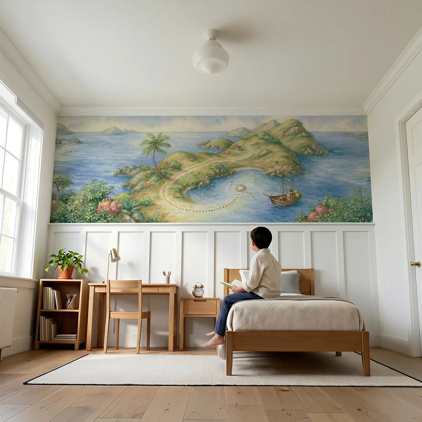 Child reading near The Treasure Map Wainscoting Wallpaper by Whimsy Tots