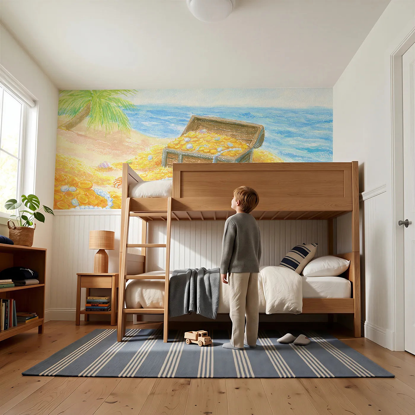 Child reading near Treasure On The Beach Wainscoting Wallpaper by Whimsy Tots