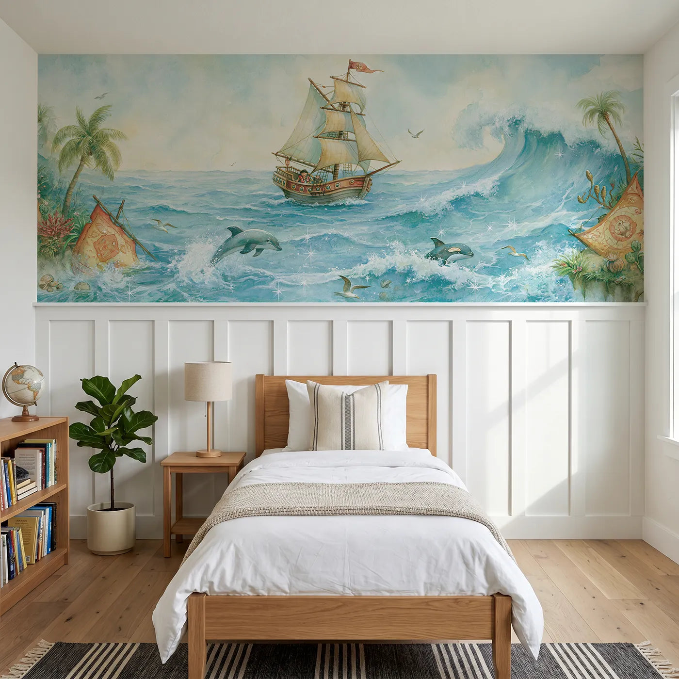 Storybook wainscoting wallpaper of the pirate ship setting sail by Whimsy Tots