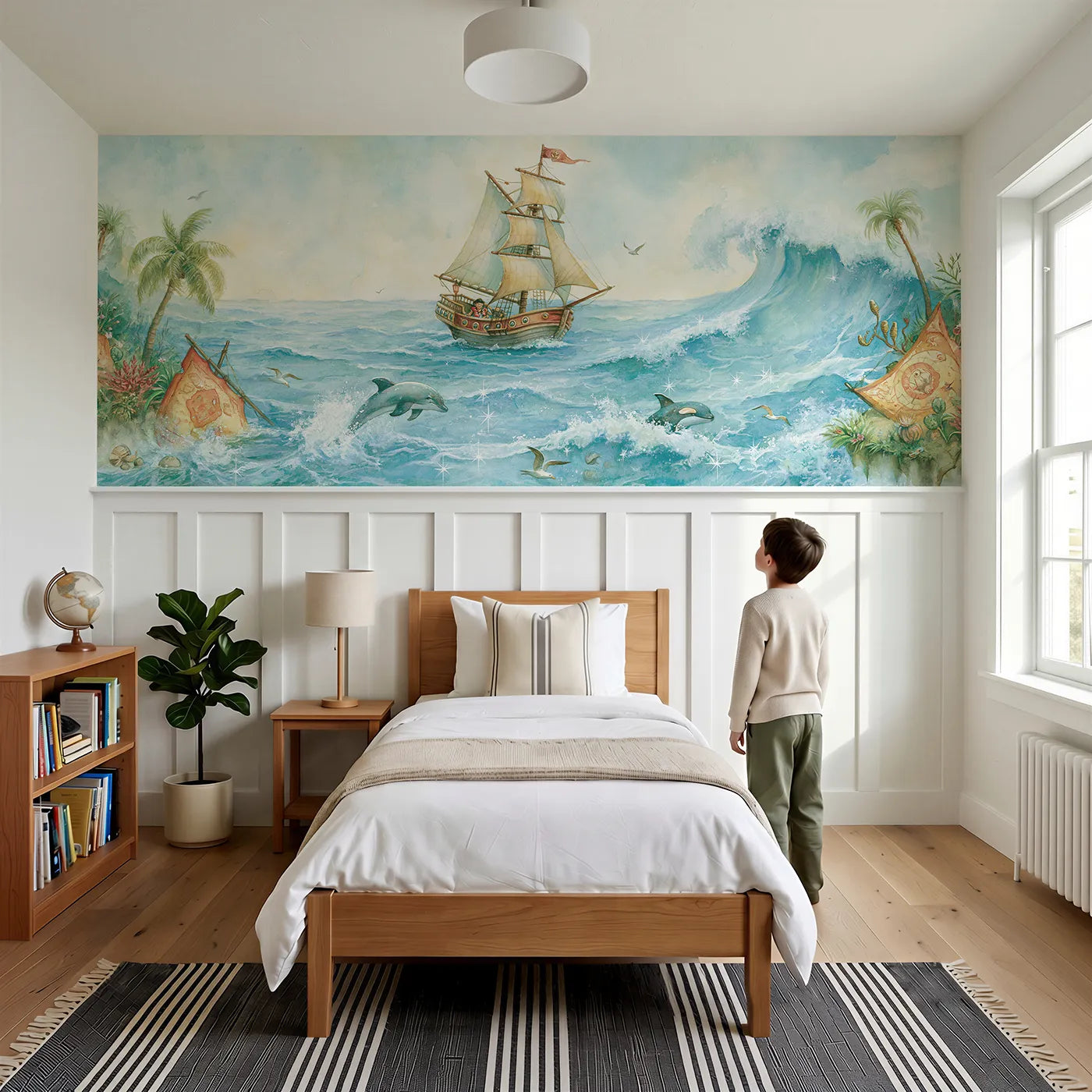 Child reading near The Pirate Ship Sets Sail Wainscoting Wallpaper by Whimsy Tots