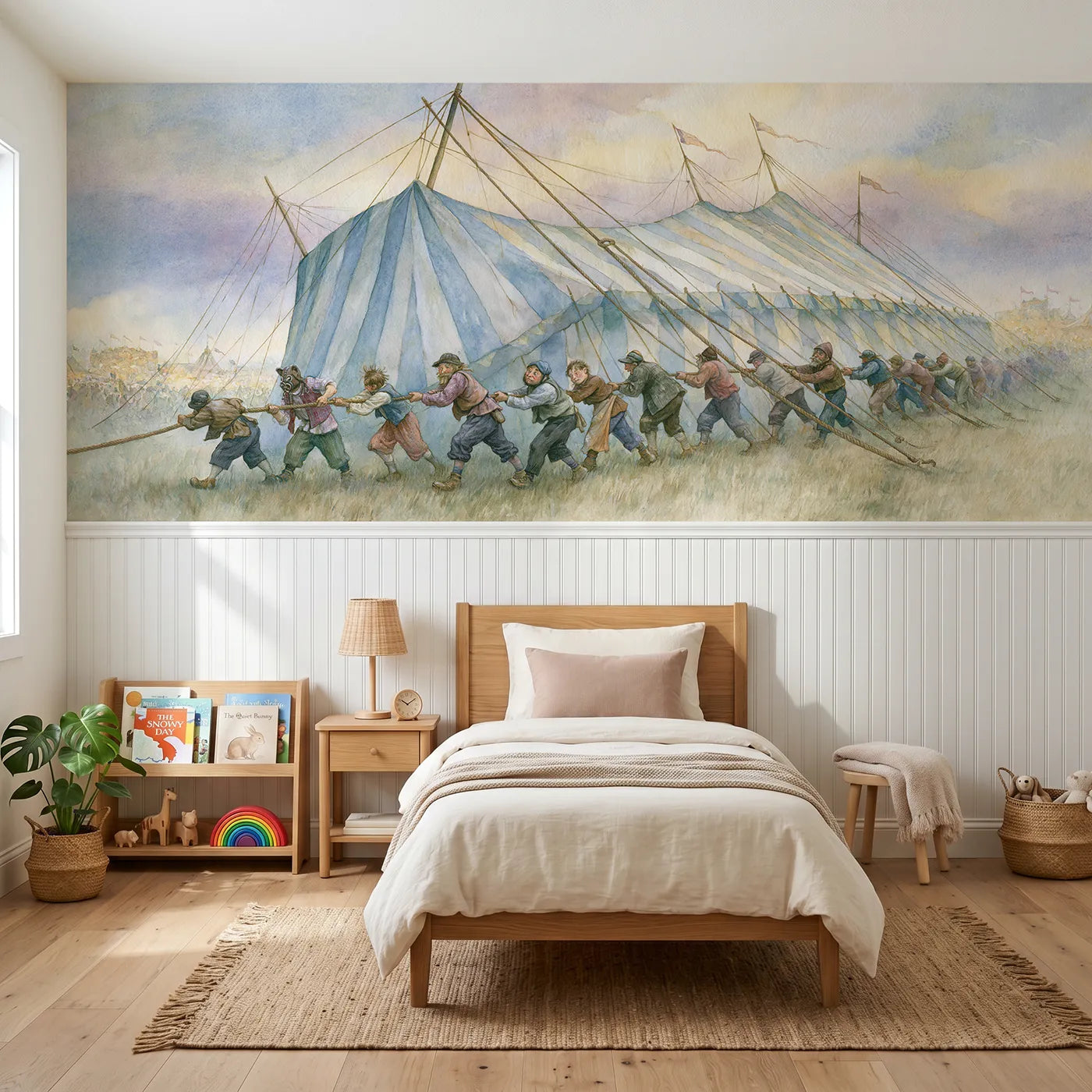 Storybook wainscoting wallpaper of raising the big top by Whimsy Tots
