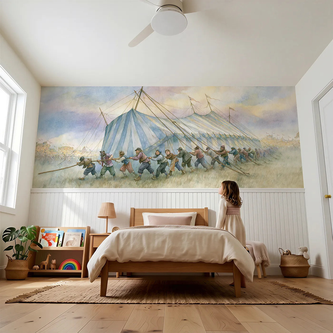 Child reading near Raising The Big Top Wainscoting Wallpaper by Whimsy Tots