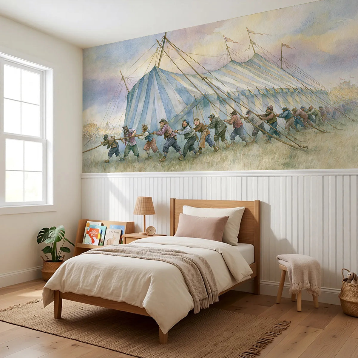 Raising The Big Top Wainscoting Wallpaper styled in a kids room by Whimsy Tots