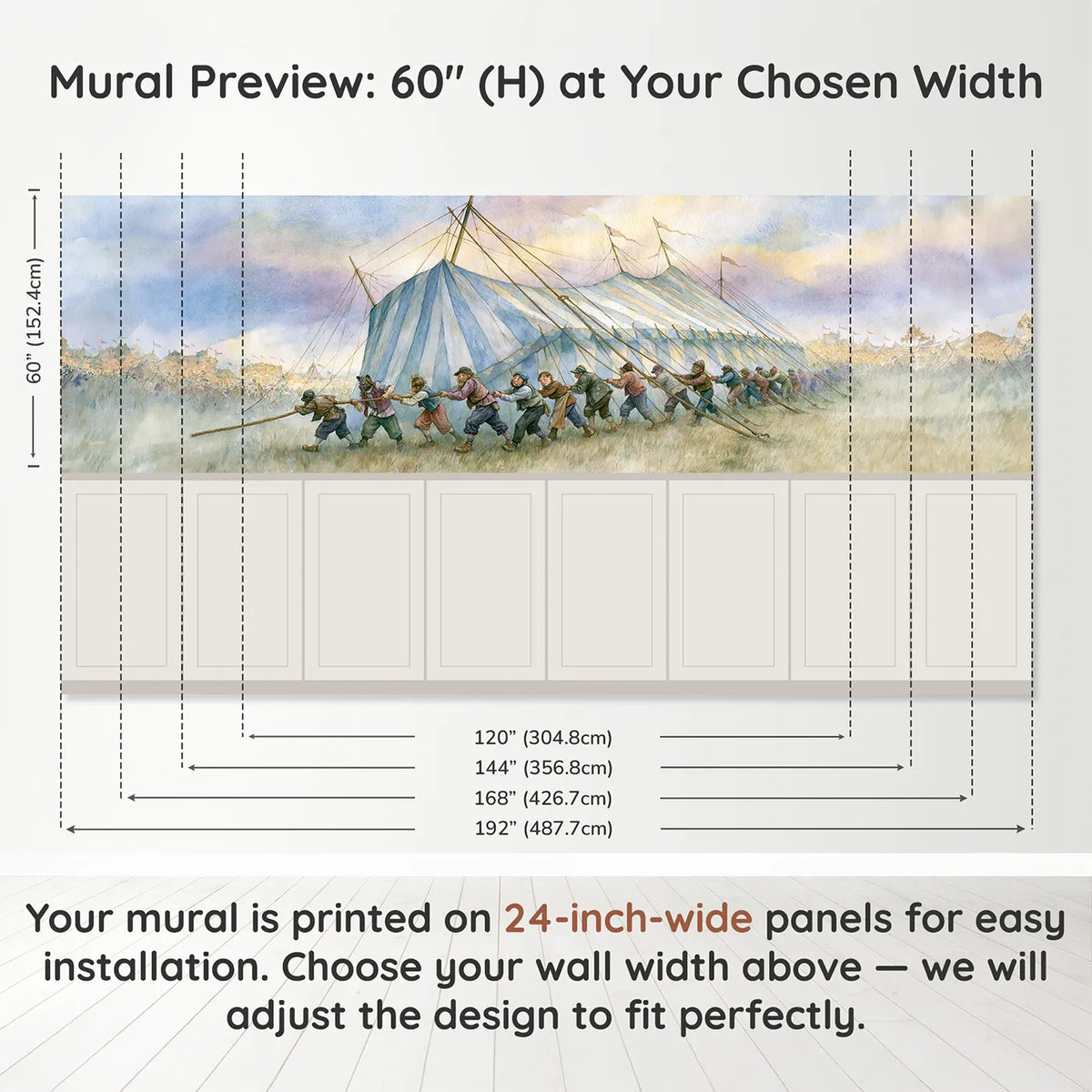 Panel dimensions for Raising The Big Top Wainscoting Wallpaper by Whimsy Tots