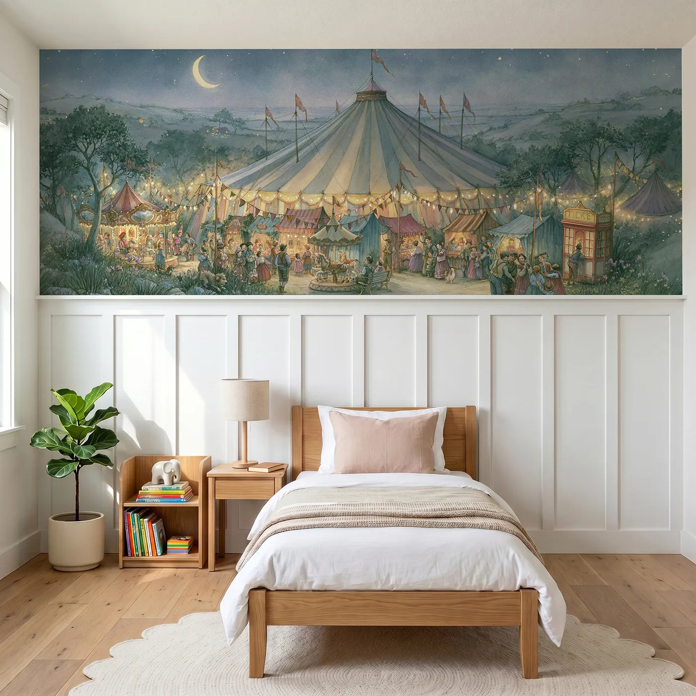 Storybook wainscoting wallpaper of the big top lit within by Whimsy Tots