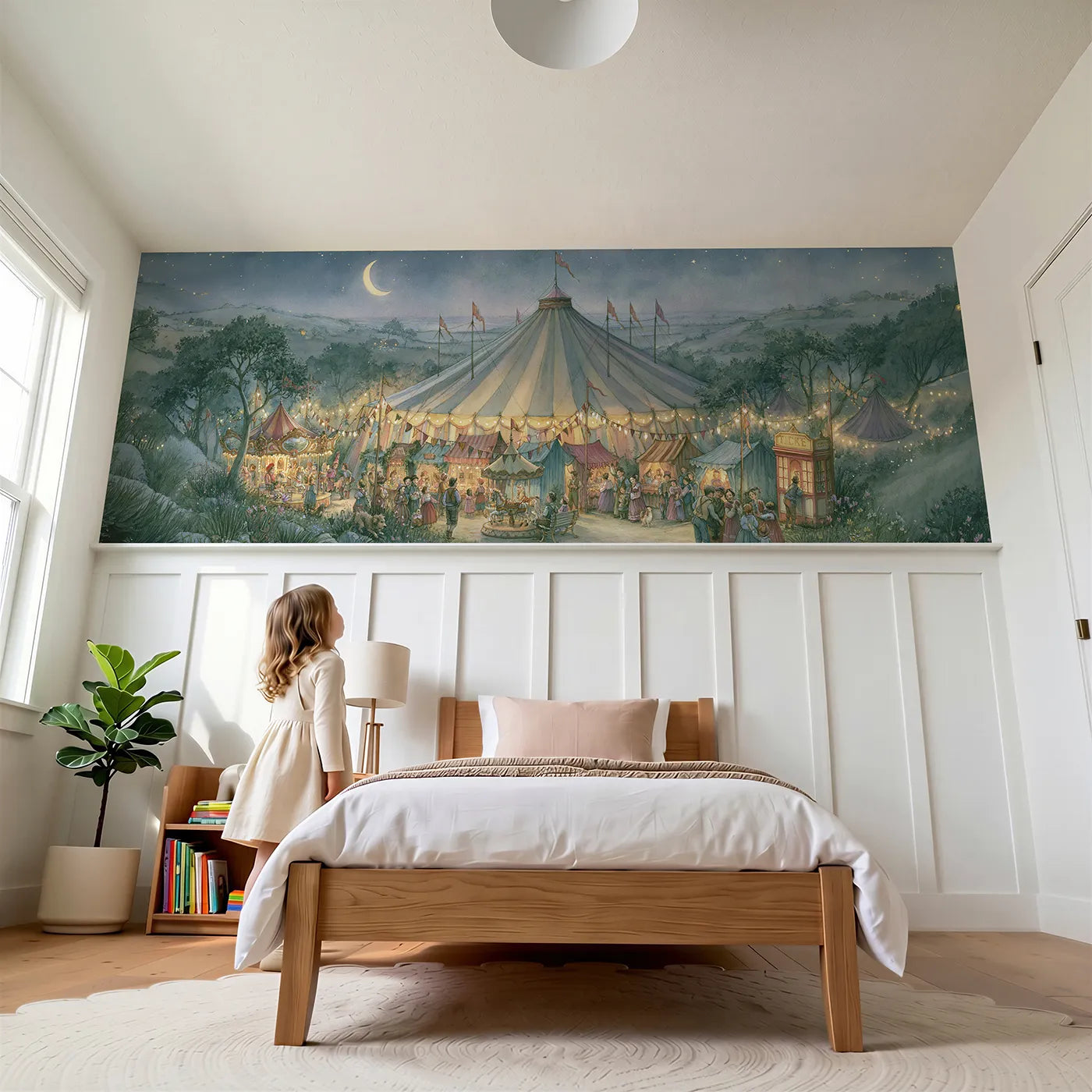 Child reading near The Big Top Lit Within Wainscoting Wallpaper by Whimsy Tots