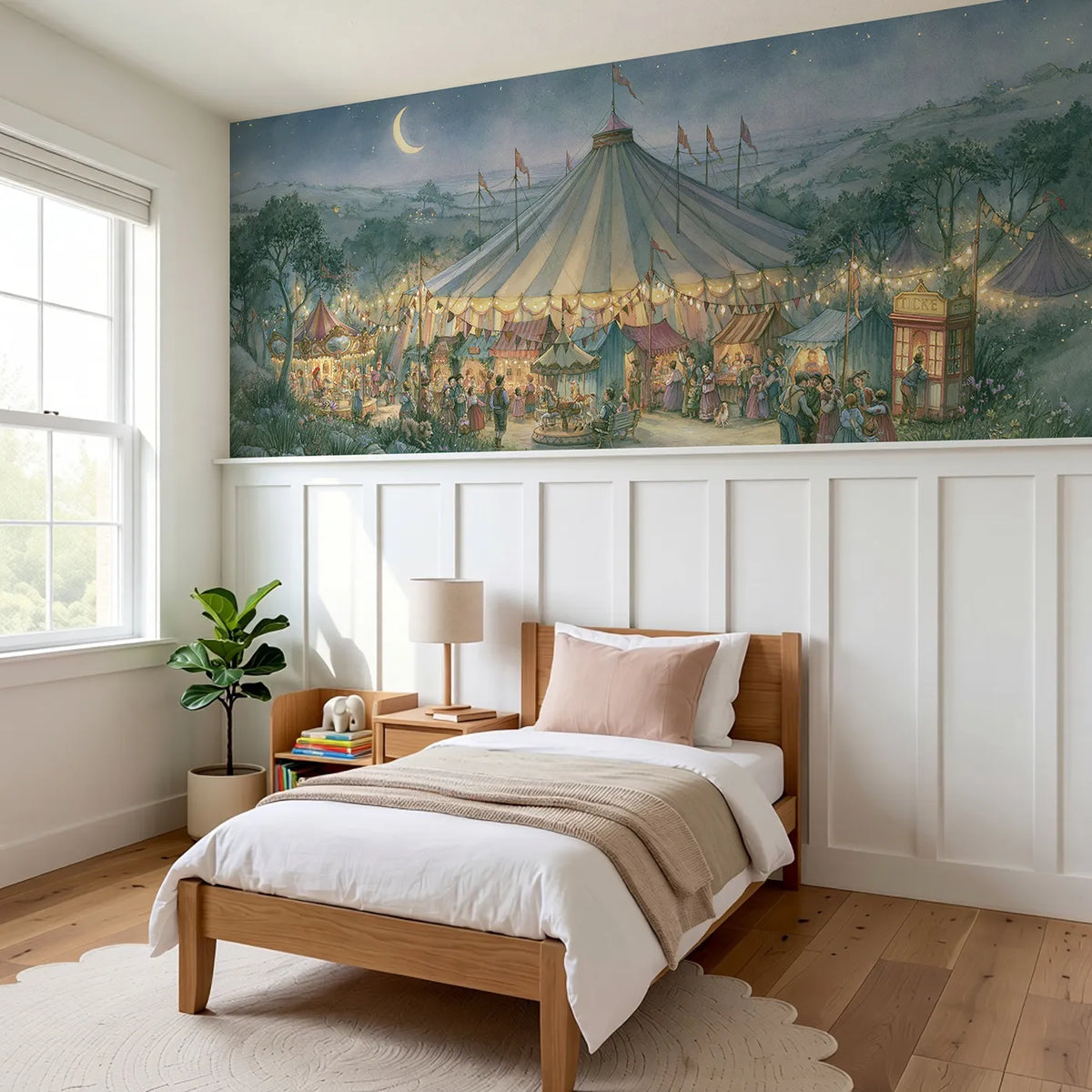 The Big Top Lit Within Wainscoting Wallpaper styled in a kids room by Whimsy Tots