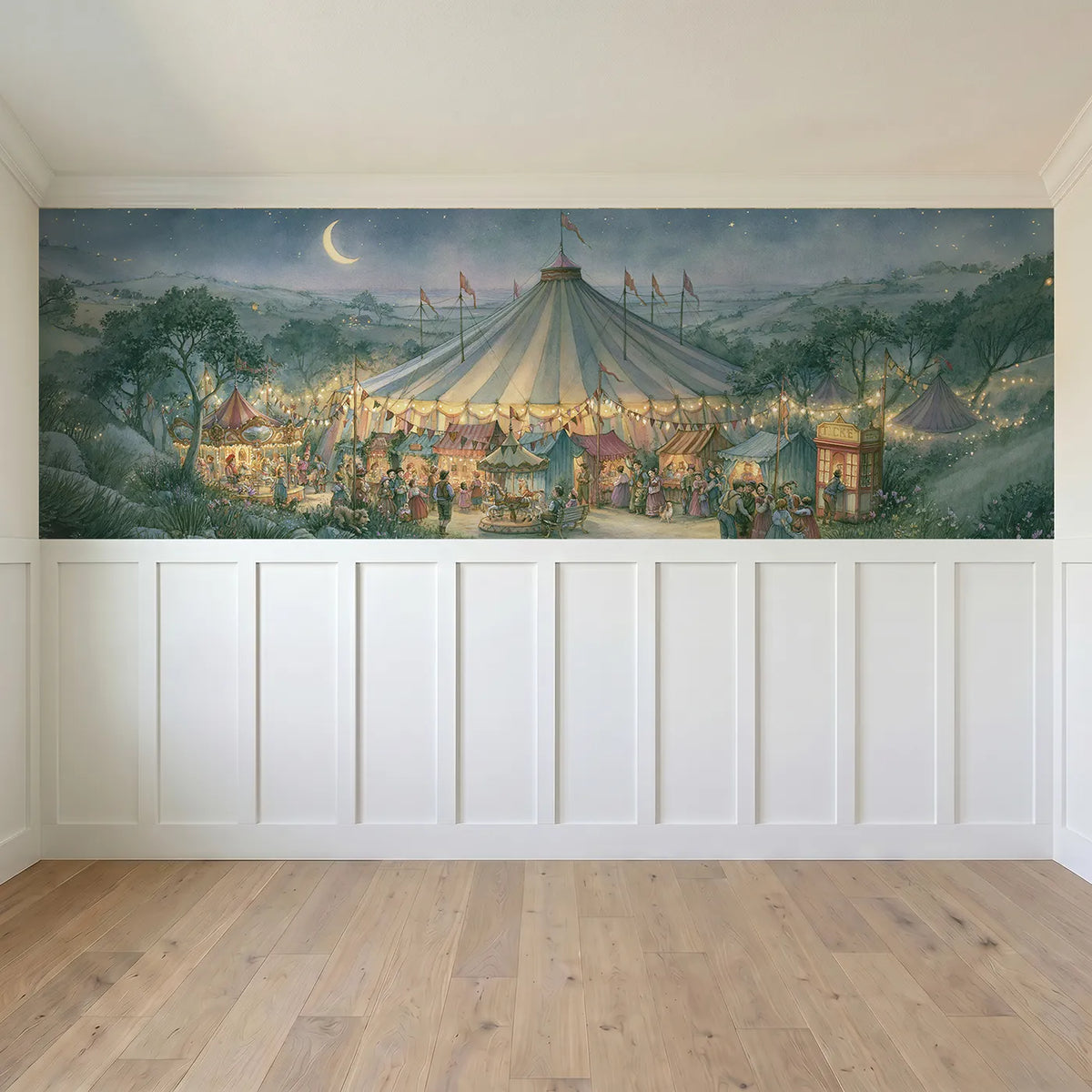 Full panel view of The Big Top Lit Within Wainscoting Wallpaper by Whimsy Tots