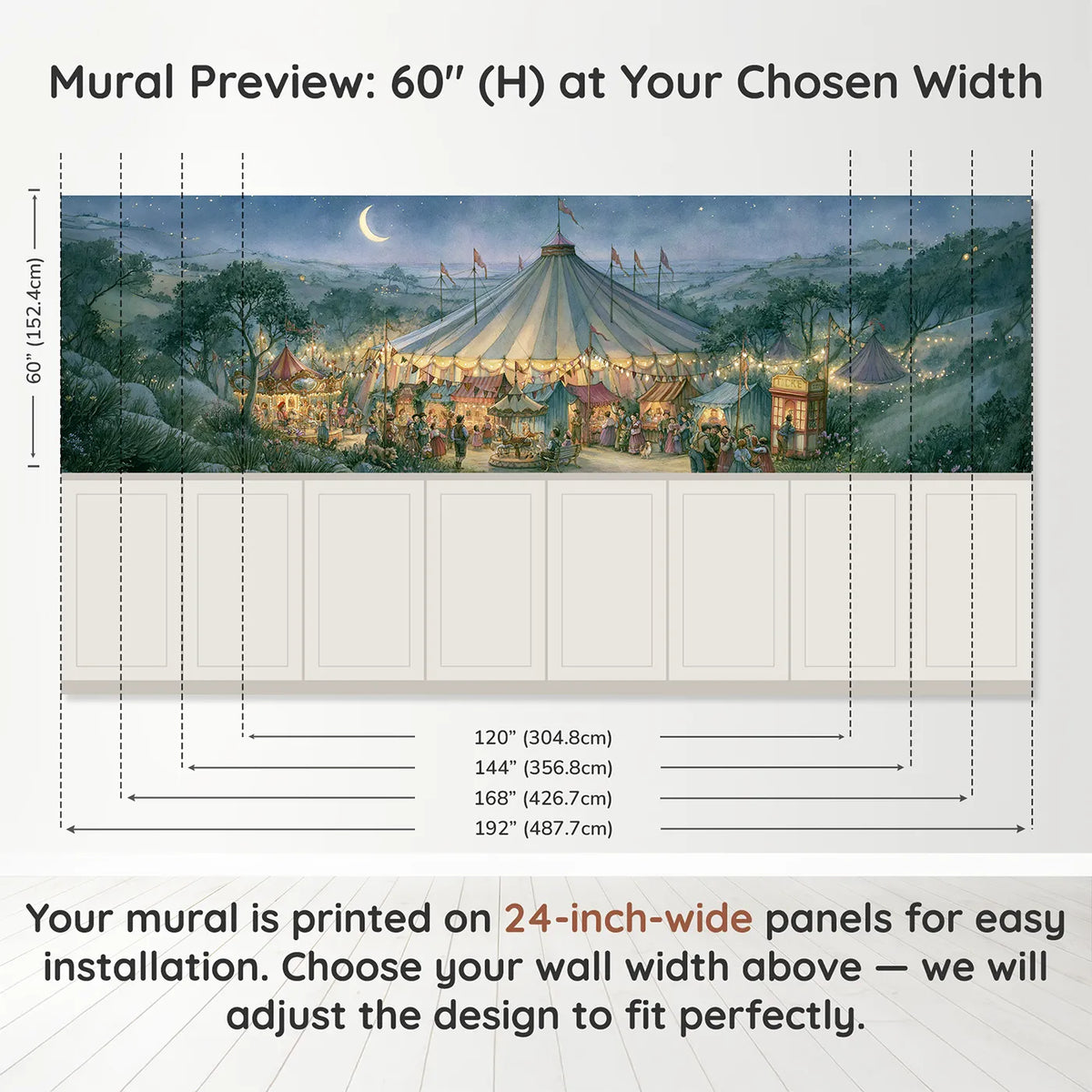 Panel dimensions for The Big Top Lit Within Wainscoting Wallpaper by Whimsy Tots