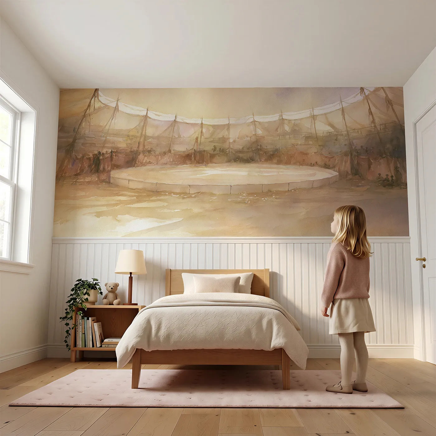 Child reading near The Empty Ring Waiting Wainscoting Wallpaper by Whimsy Tots