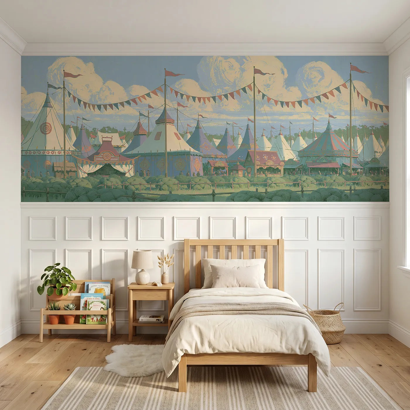 Block print wainscoting wallpaper of bunting in the wind by Whimsy Tots