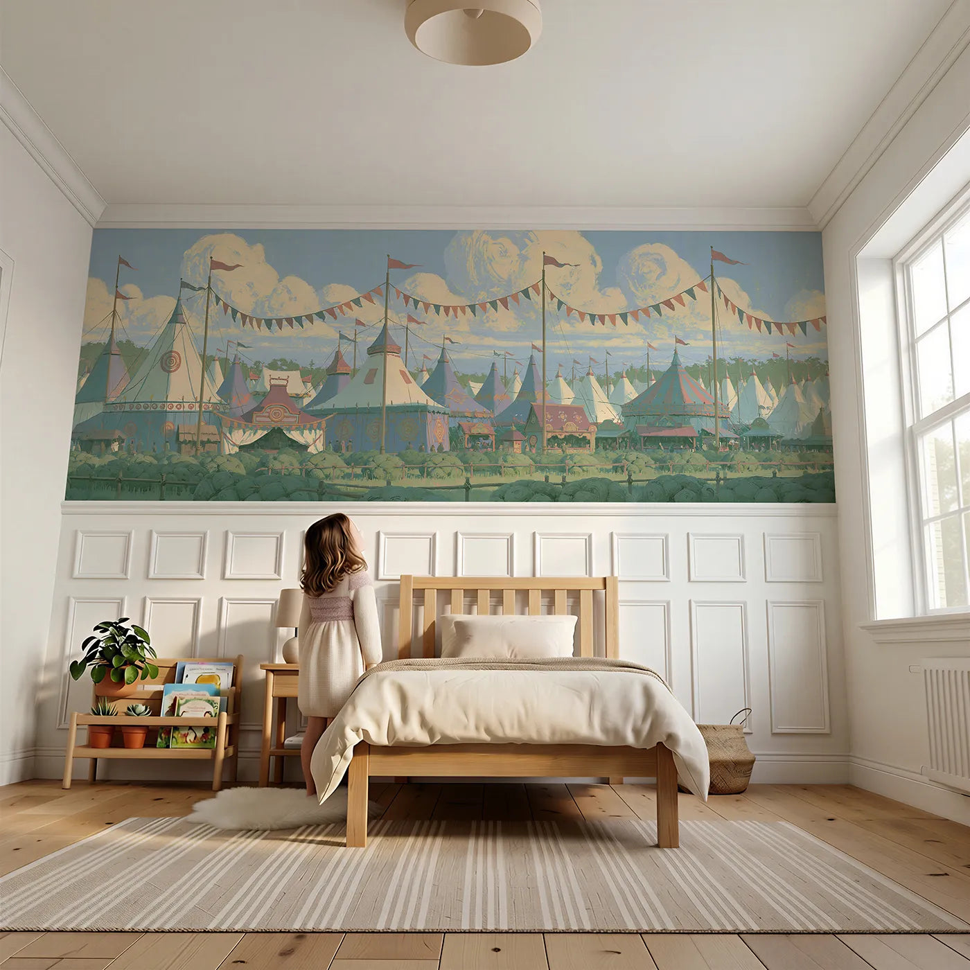 Child reading near Bunting In The Wind Wainscoting Wallpaper by Whimsy Tots