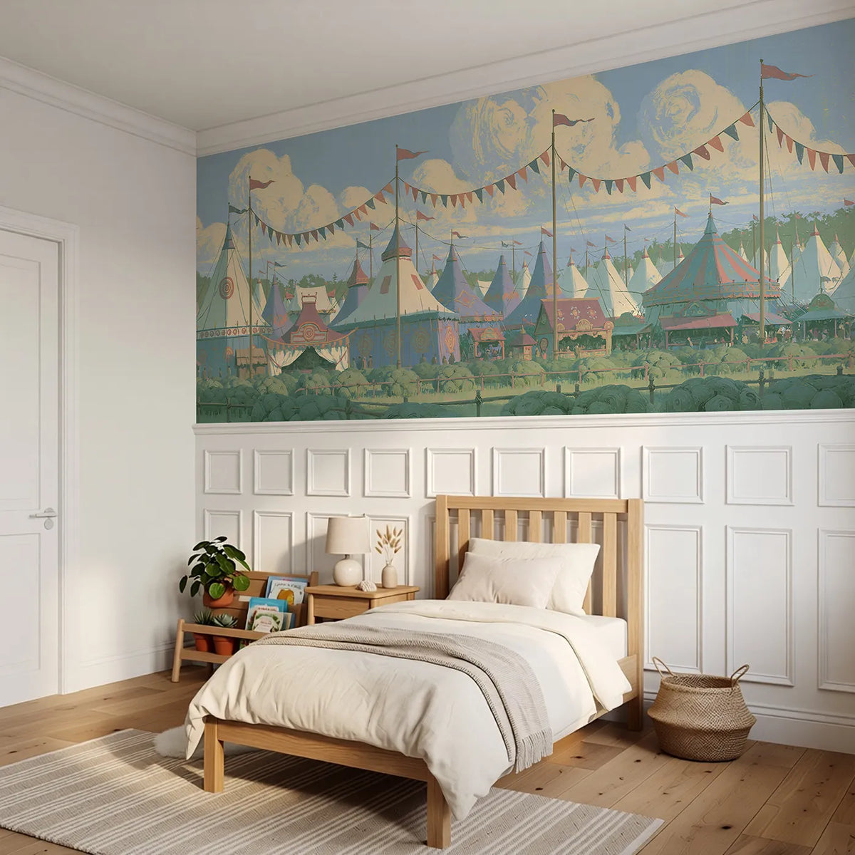 Bunting In The Wind Wainscoting Wallpaper styled in a kids room by Whimsy Tots