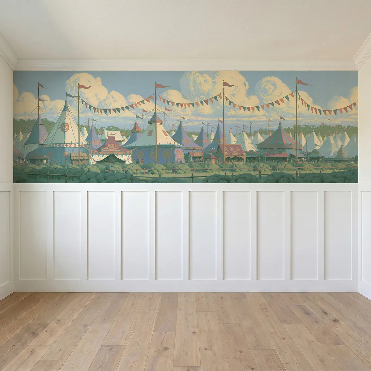 Full panel view of Bunting In The Wind Wainscoting Wallpaper by Whimsy Tots