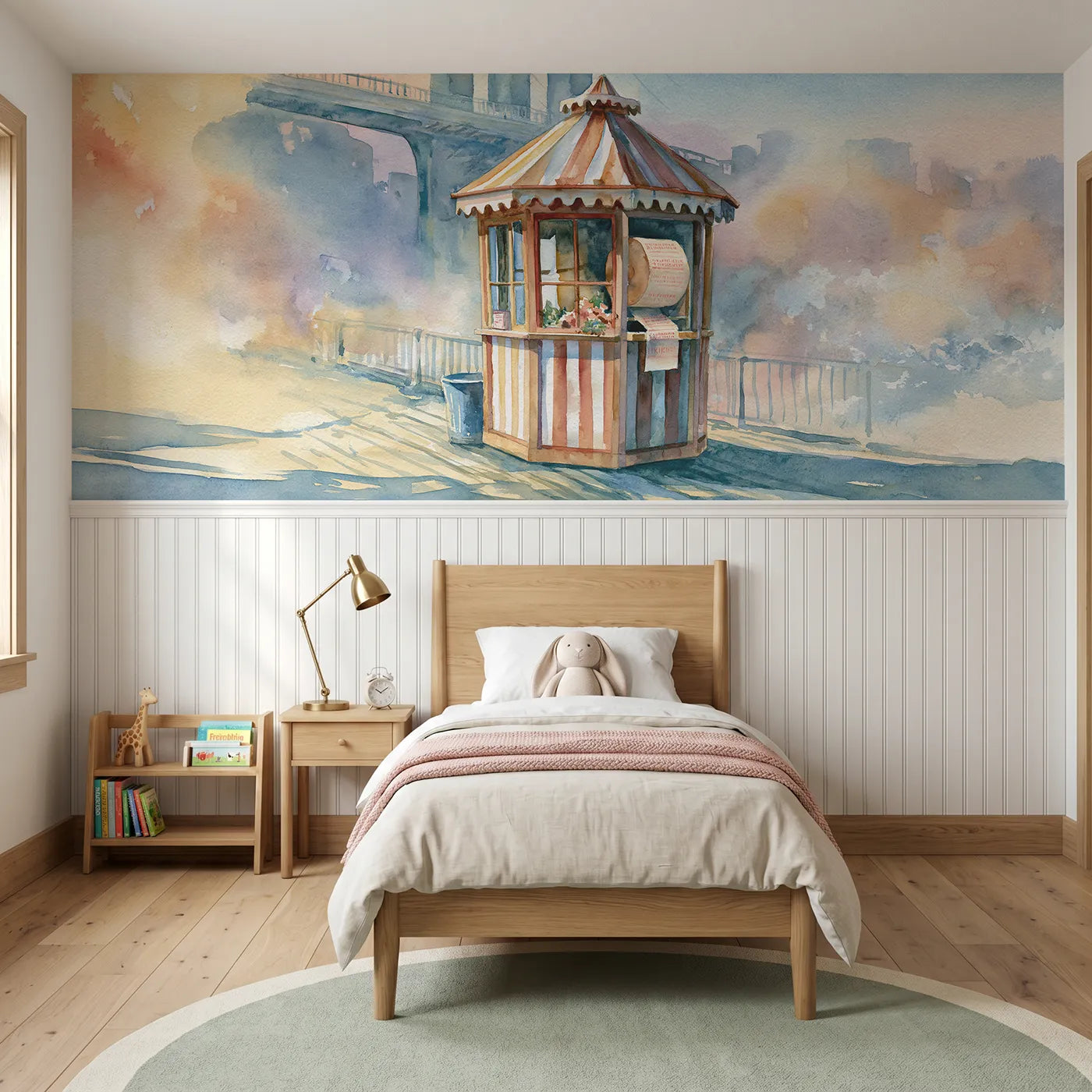 Watercolor wainscoting wallpaper of the ticket booth by Whimsy Tots