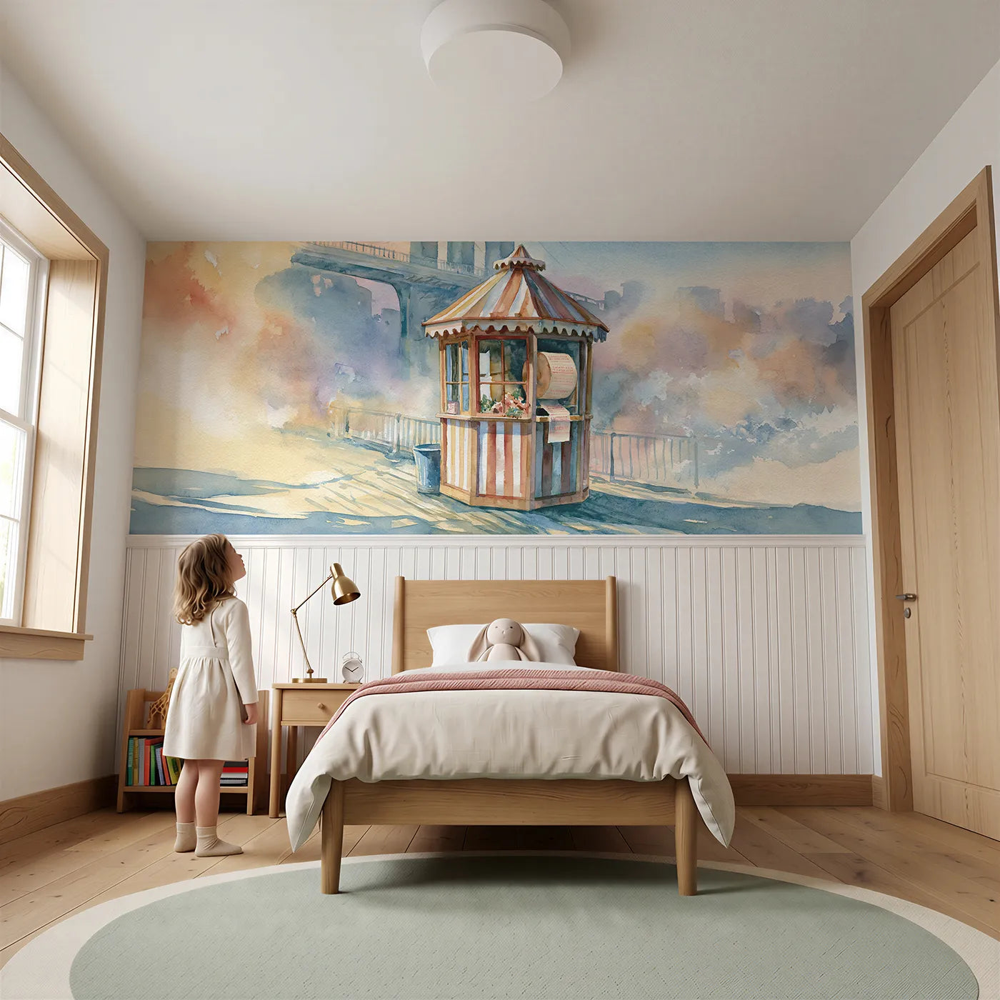 Child reading near The Ticket Booth Wainscoting Wallpaper by Whimsy Tots