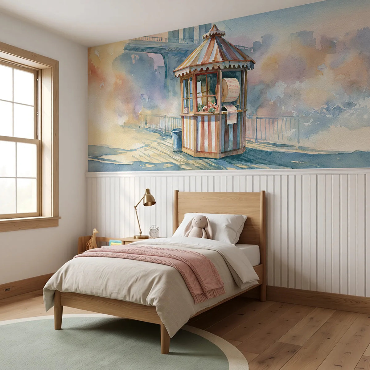 The Ticket Booth Wainscoting Wallpaper styled in a kids room by Whimsy Tots