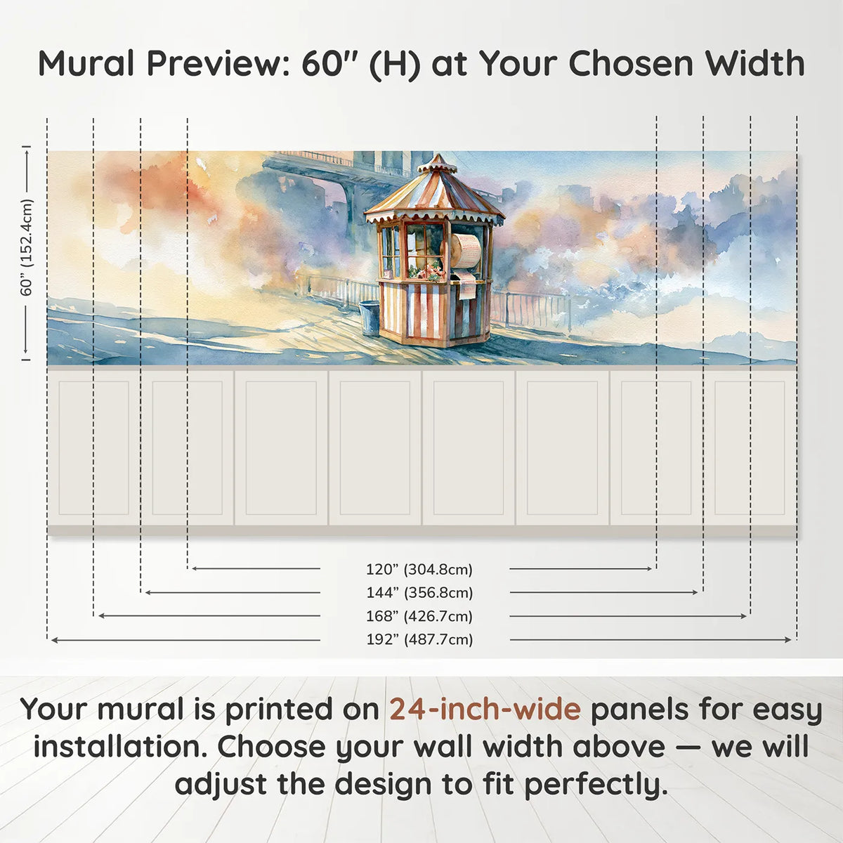 Panel dimensions for The Ticket Booth Wainscoting Wallpaper by Whimsy Tots