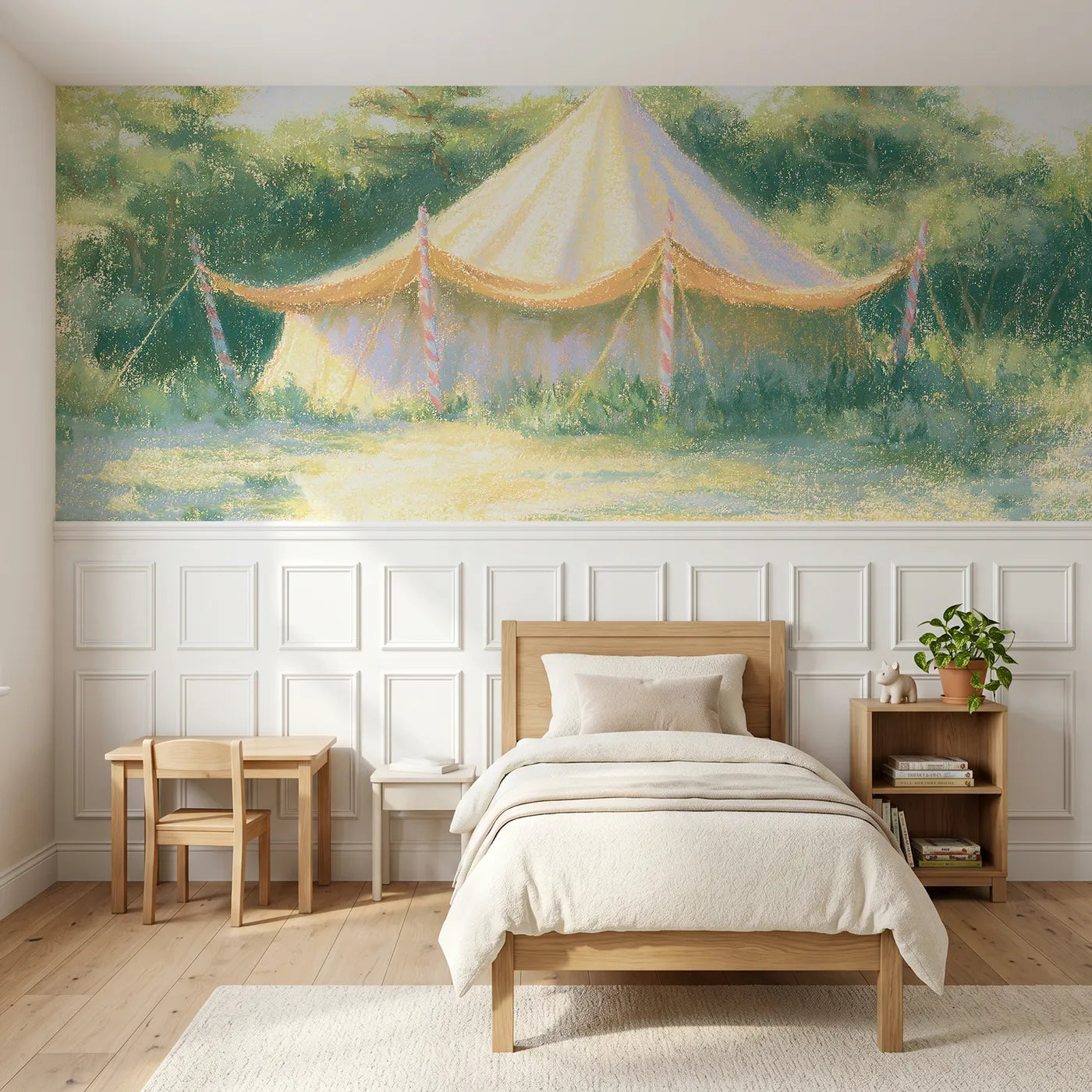 Soft pastel wainscoting wallpaper of the candy striped poles by Whimsy Tots