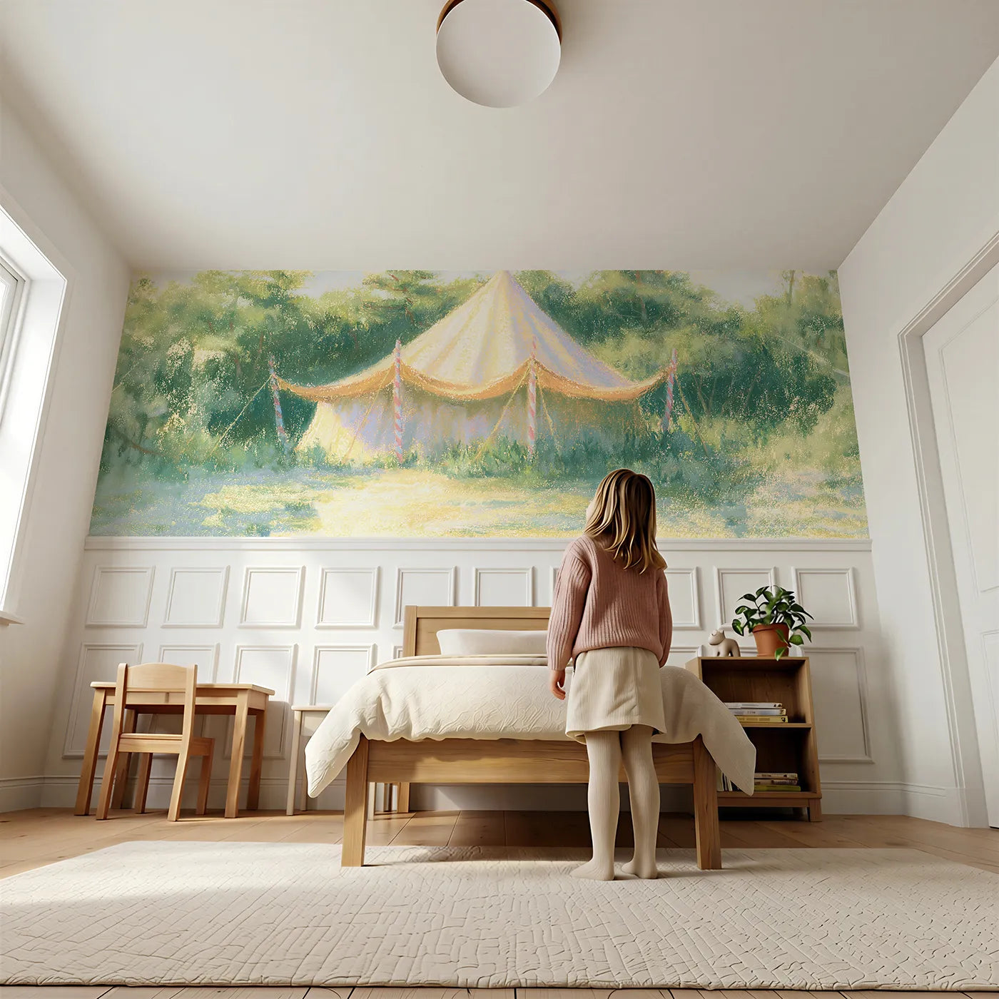 Child reading near The Candy Striped Poles Wainscoting Wallpaper by Whimsy Tots