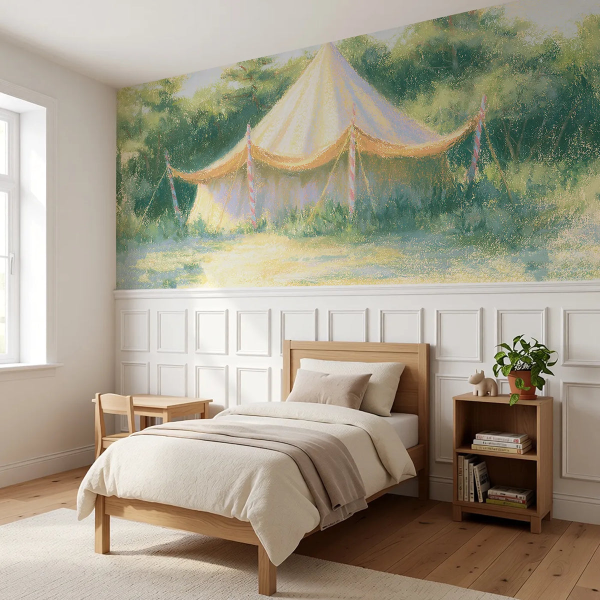 The Candy Striped Poles Wainscoting Wallpaper styled in a kids room by Whimsy Tots